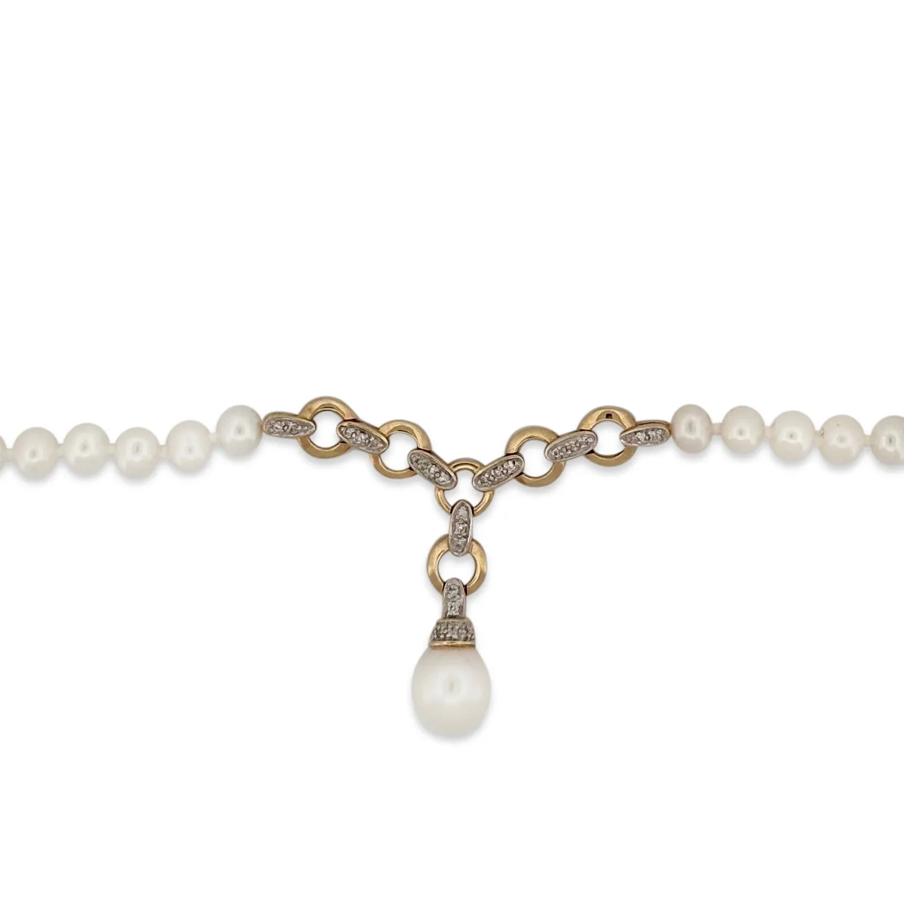 Cultured Pearl and Diamond Drop Necklace in 14 Karat Yellow & White Gold