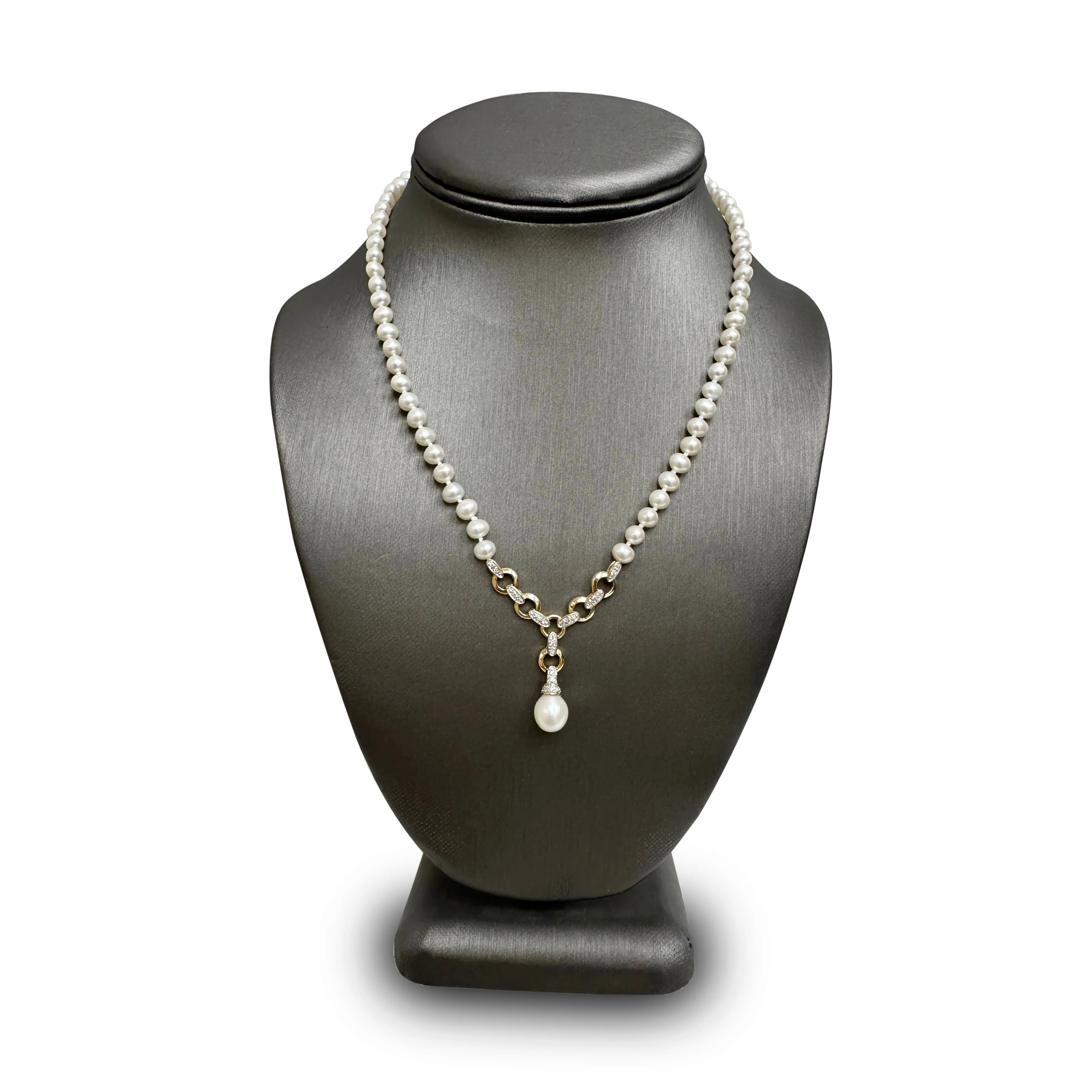 Cultured Pearl and Diamond Drop Necklace in 14 Karat Yellow & White Gold