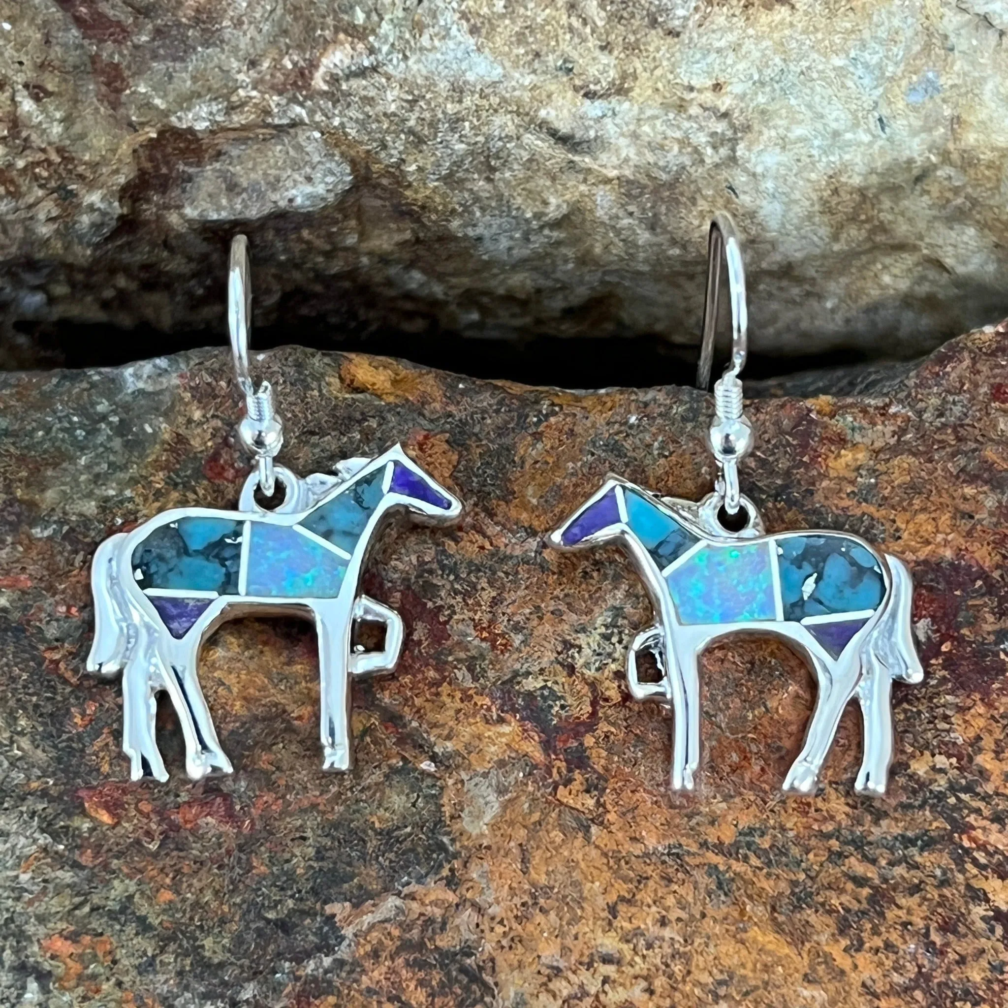 David Rosales Shalako Inlaid Sterling Silver Earrings Horse