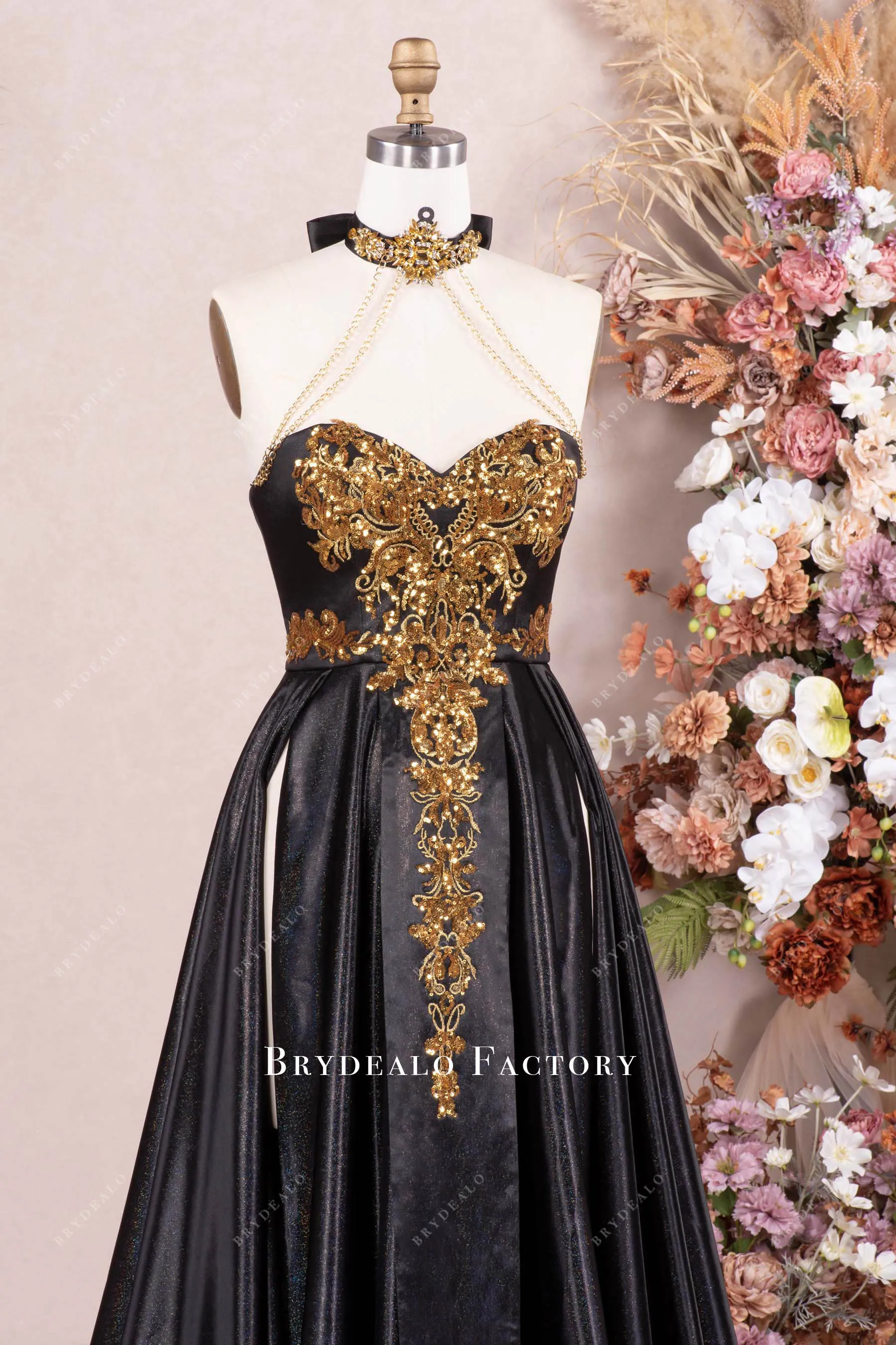 Dramatic Gold Black Shimmery Gold Applique Choker Prom Dress