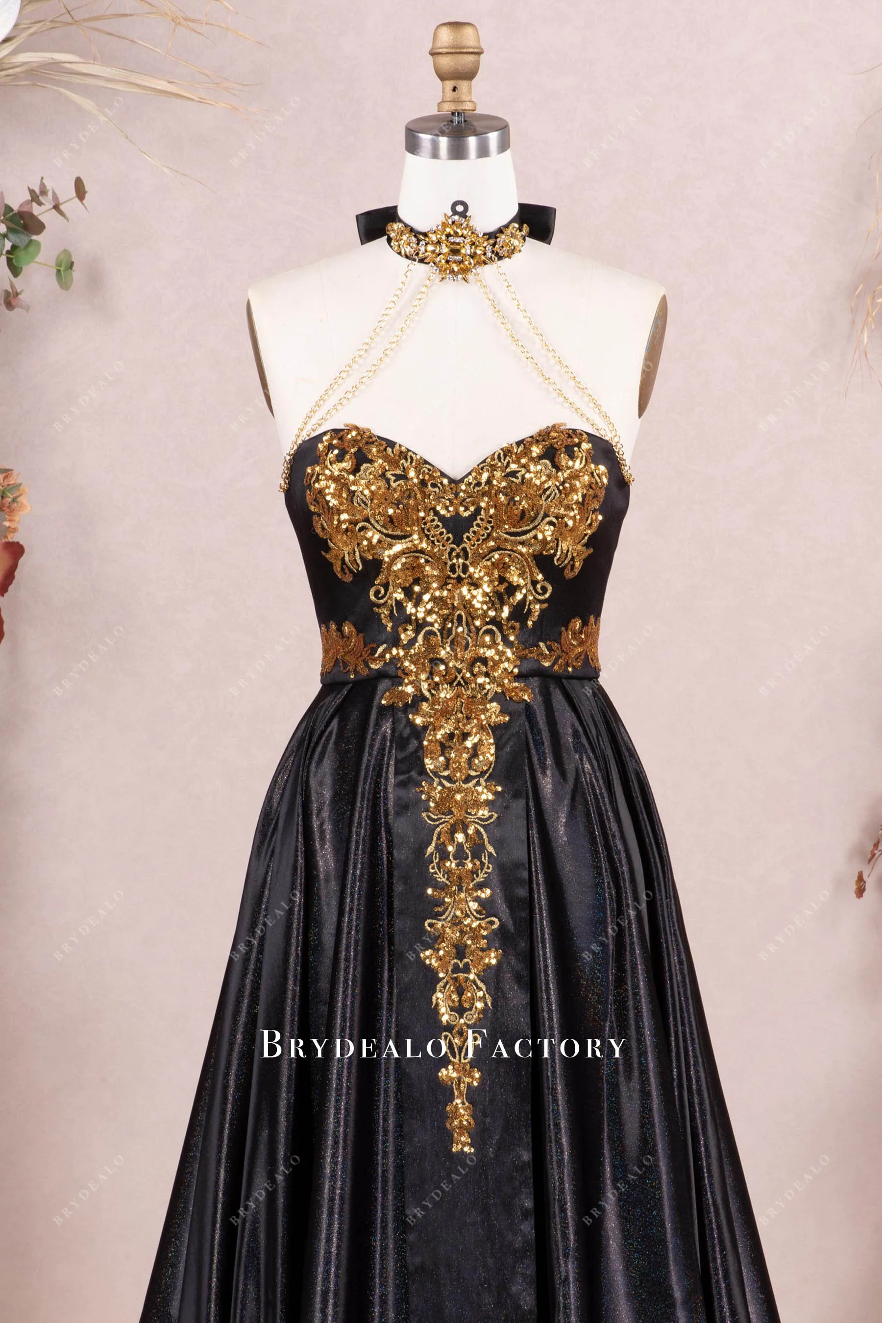 Dramatic Gold Black Shimmery Gold Applique Choker Prom Dress