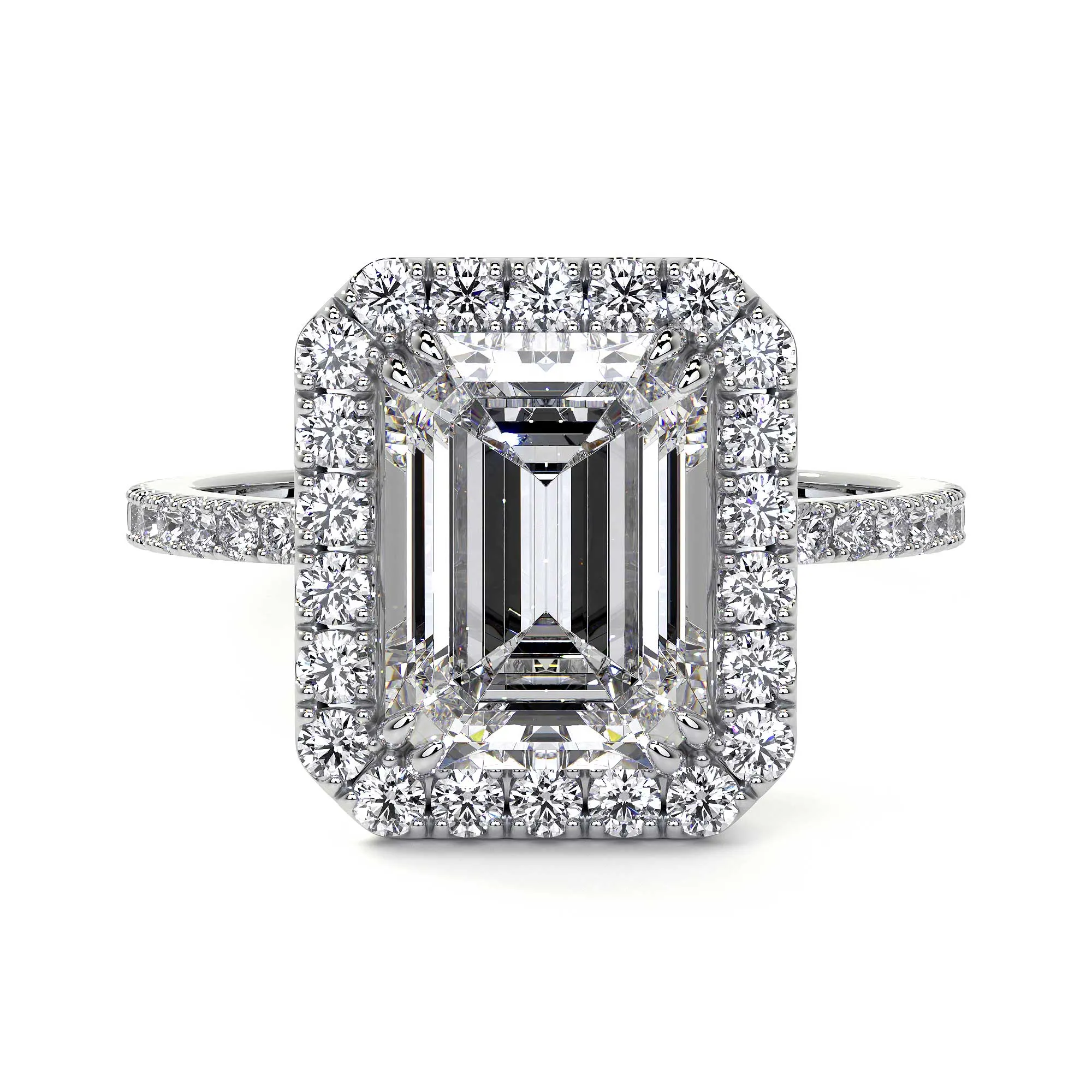 Emerald Cut Diamond Ring With Halo, 2 CT, White Gold