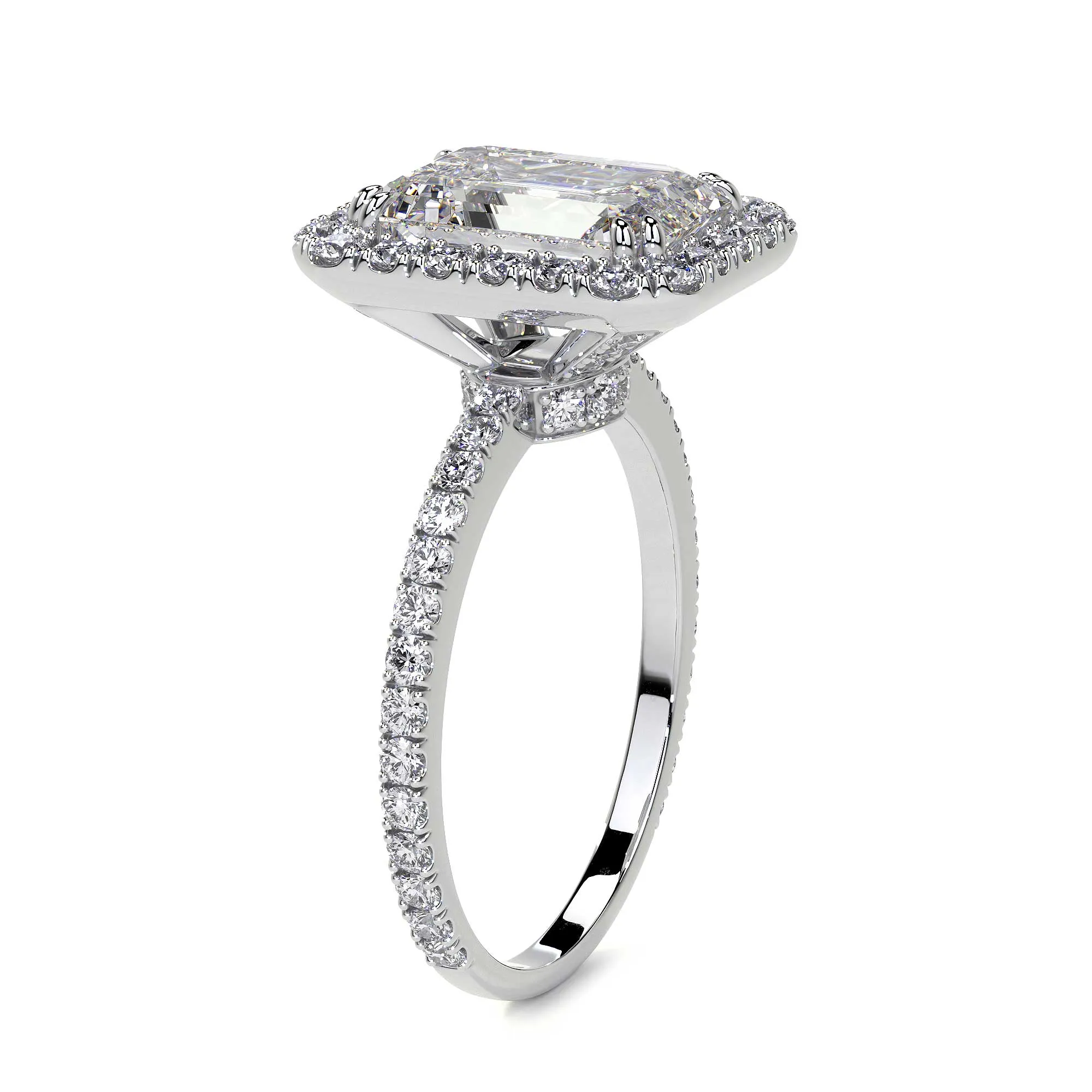 Emerald Cut Diamond Ring With Halo, 2 CT, White Gold