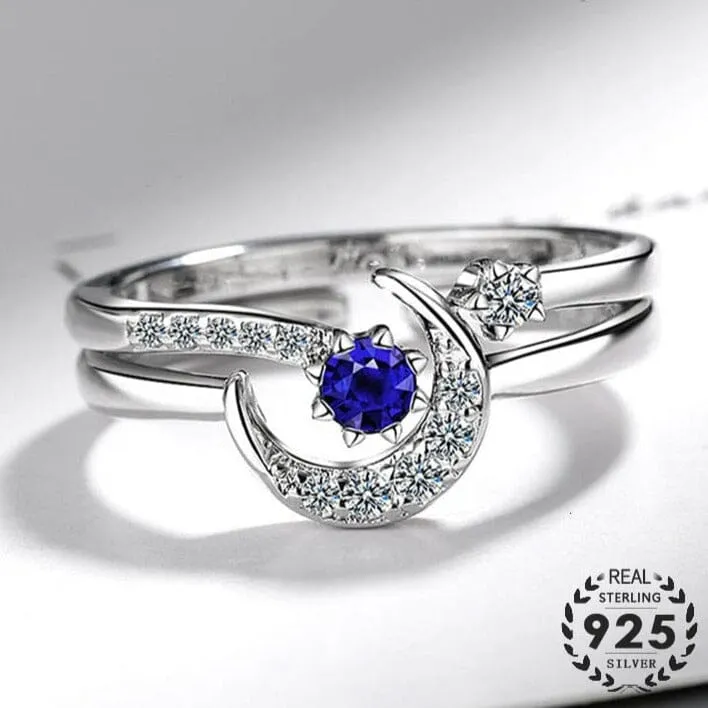 Fashion Star Moon Shape Sapphire Ring - 925 Sterling Silver