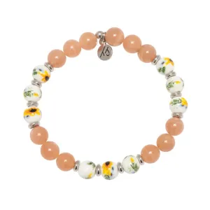 Floral Moments Bracelet- Peach Moonstone and Sunflower Painted Porcelain Beads