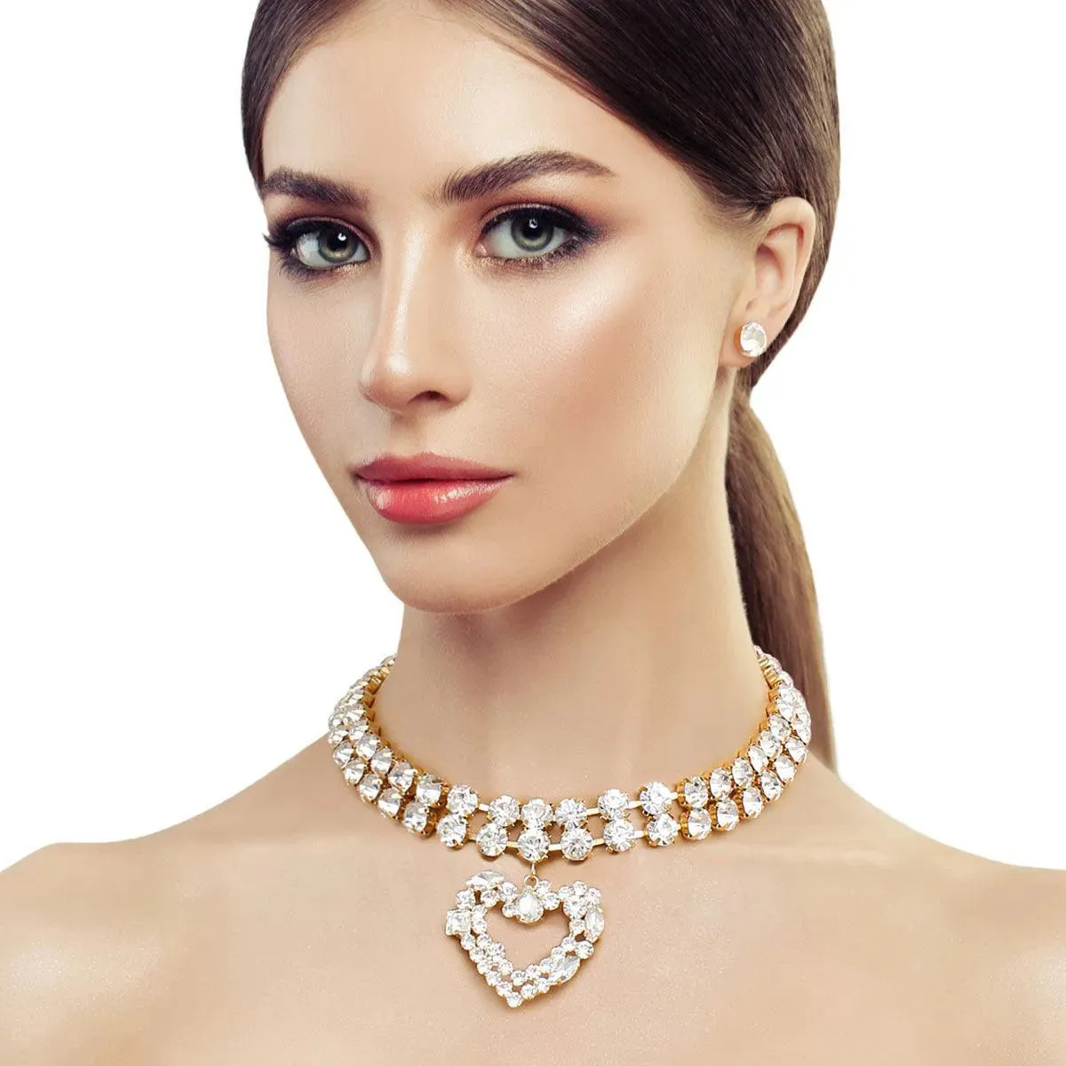 Glitzy Drop Open Heart Choker Necklace Set Gold Plated