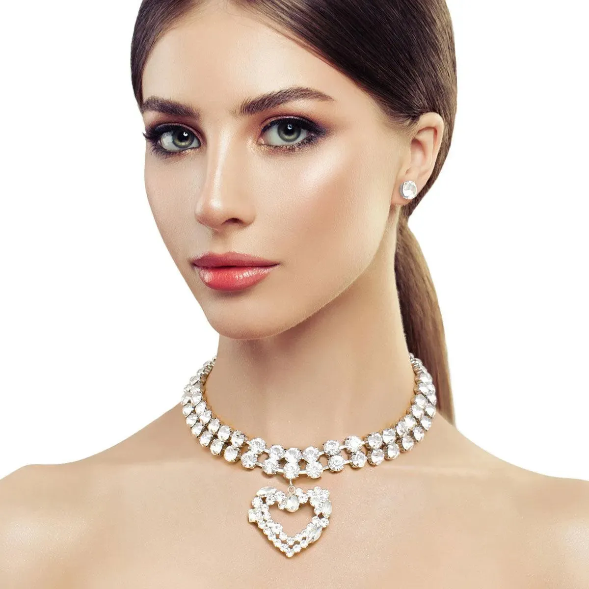 Glitzy Drop Open Heart Choker Necklace Set Silver Plated