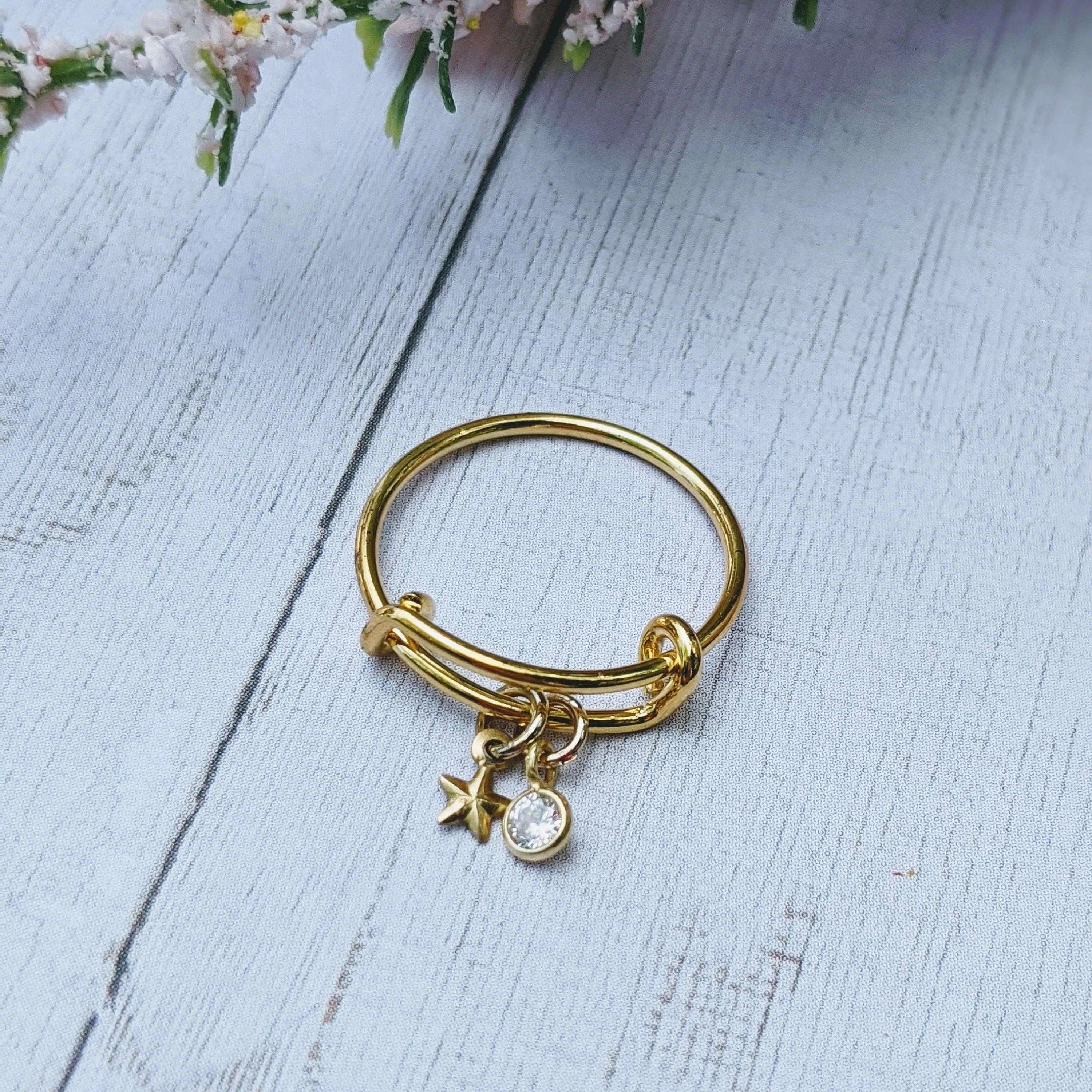 Gold Star Crystal Dangle Charm Ring