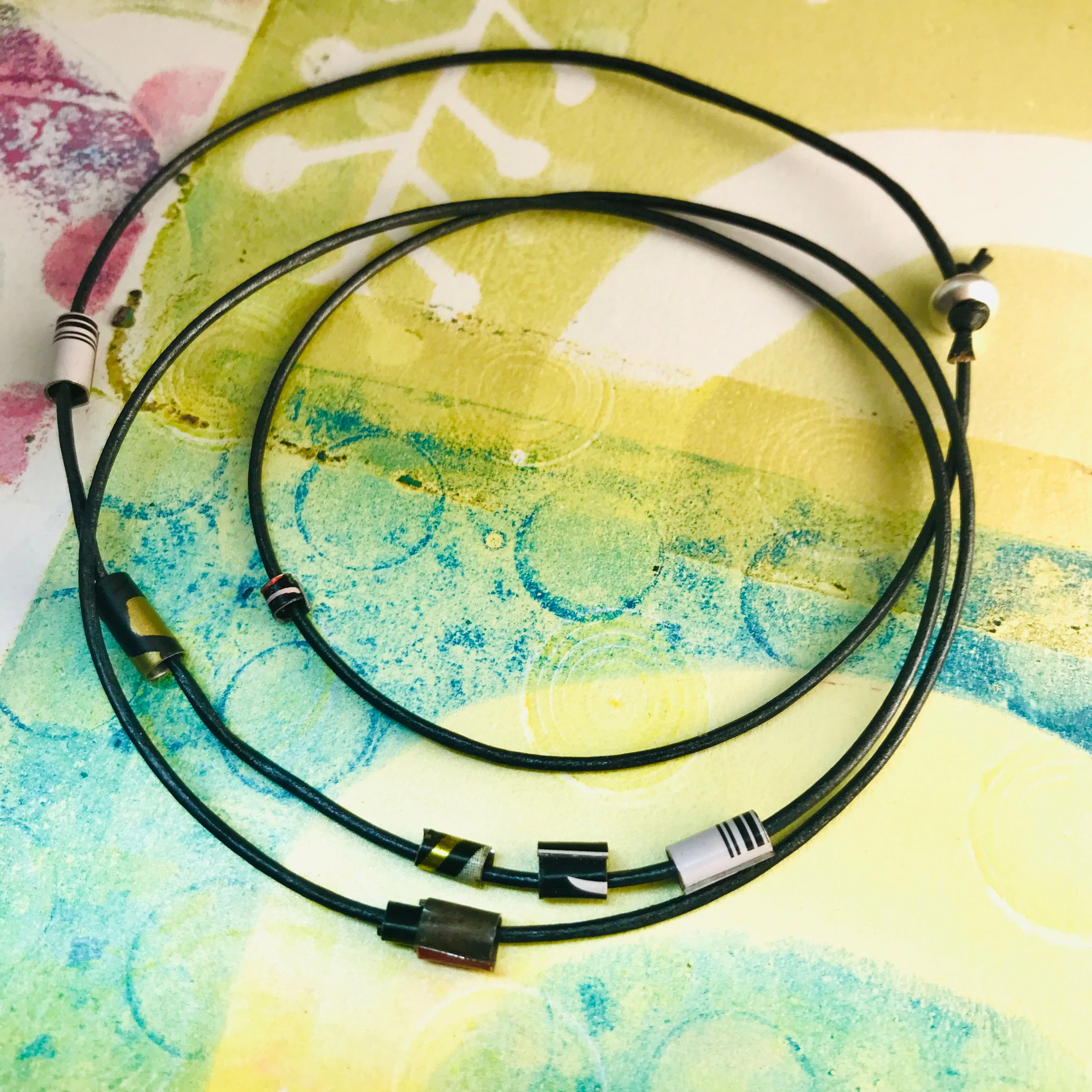 Graphite Tiny Tin Beaded Leather Cord Necklace or Bracelet