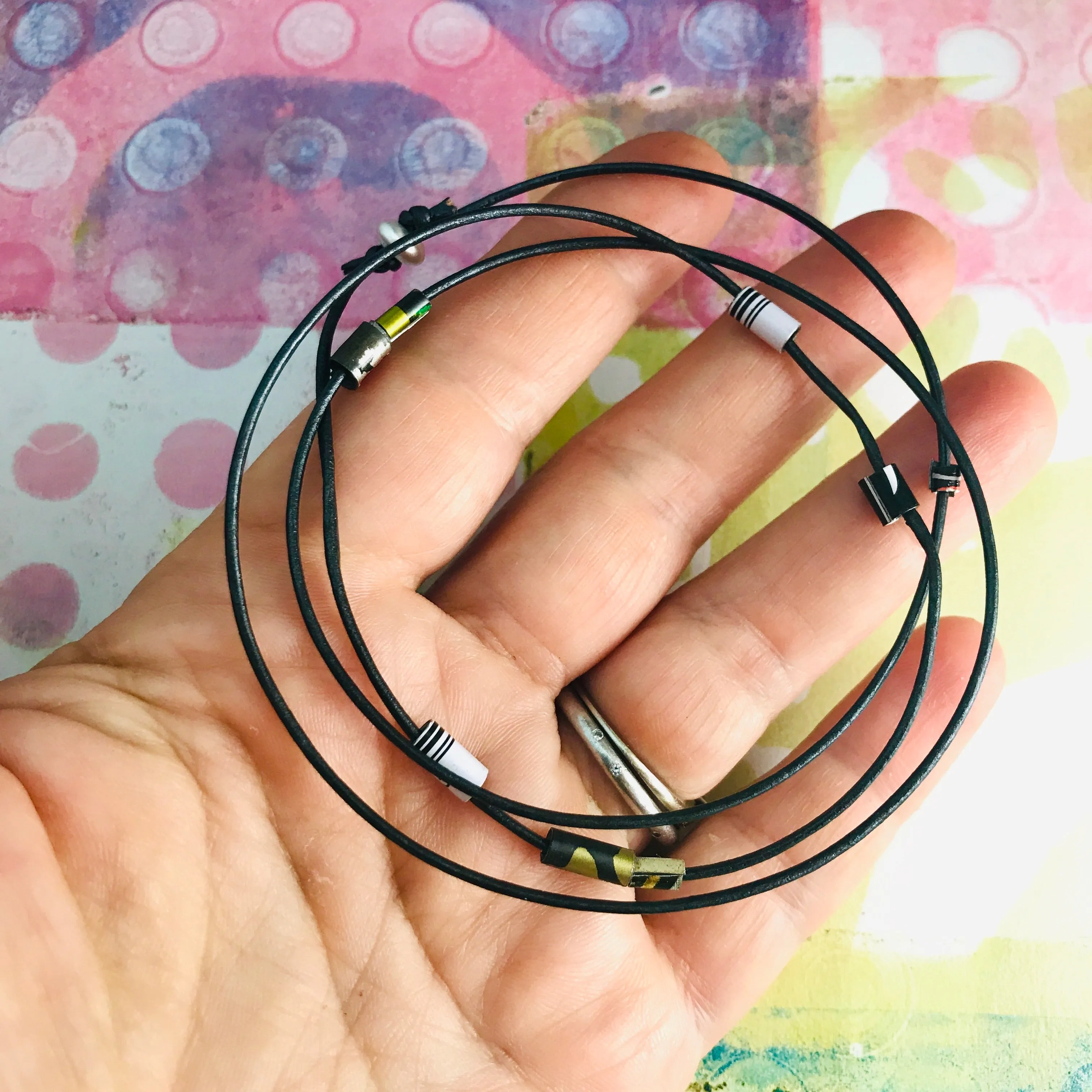 Graphite Tiny Tin Beaded Leather Cord Necklace or Bracelet