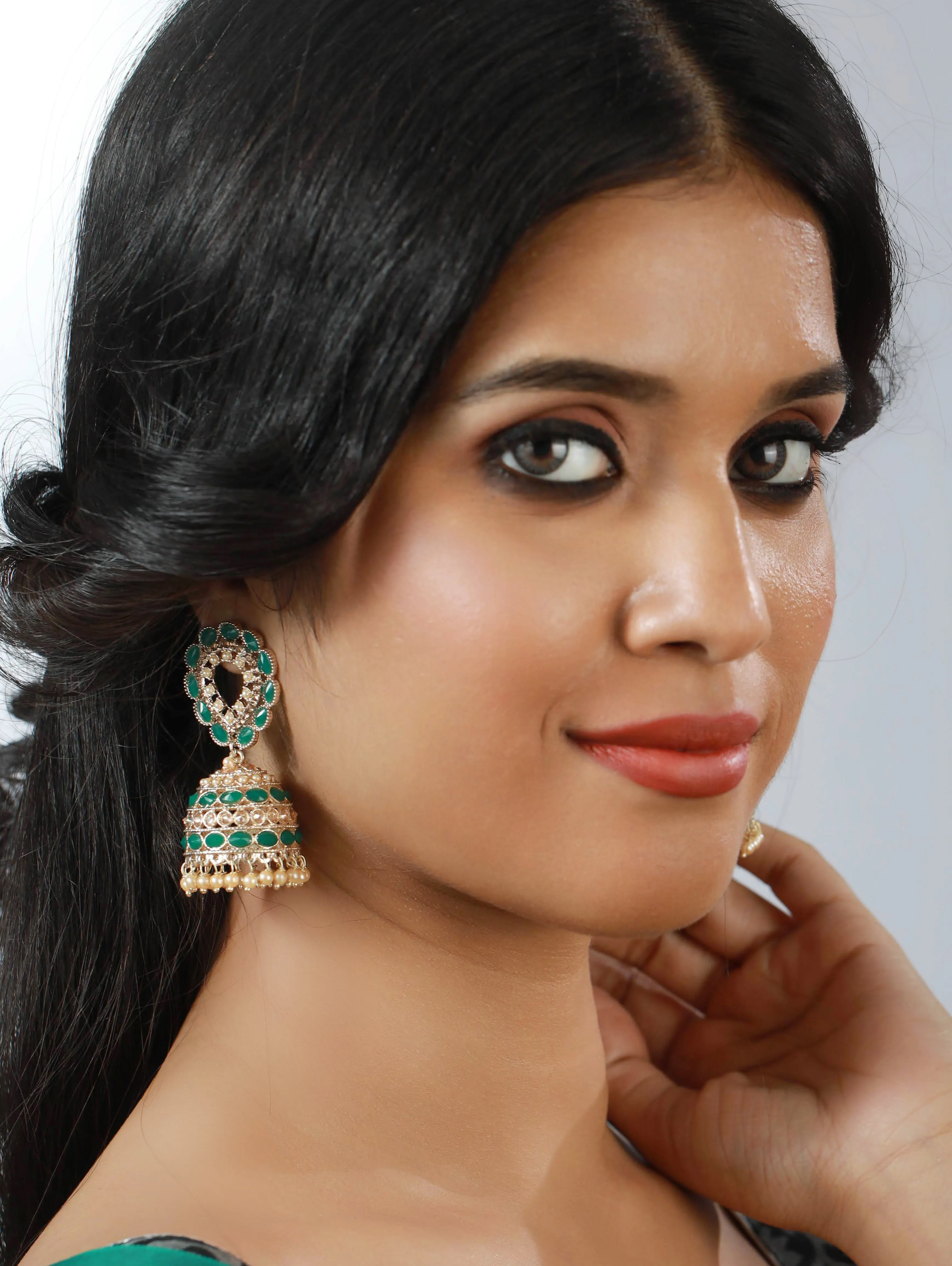 Green & White Contemporary Jhumkas Earrings