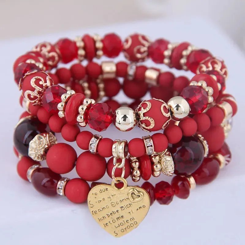 Heart Bead Bracelet For Women Fashion Accessories Antique Tassel Multilayer Mixed Color Beaded Bracelet Set Bohemia