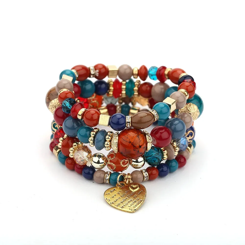 Heart Bead Bracelet For Women Fashion Accessories Antique Tassel Multilayer Mixed Color Beaded Bracelet Set Bohemia