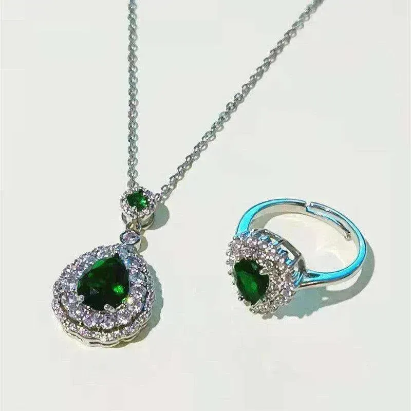 Ins Trendy Heart-shaped Emerald Water Drop Ring Full Diamond