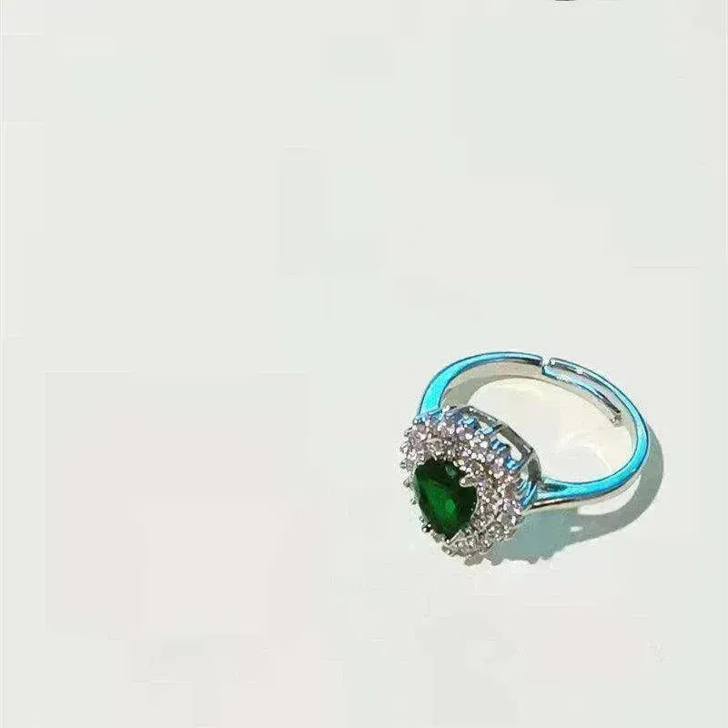 Ins Trendy Heart-shaped Emerald Water Drop Ring Full Diamond