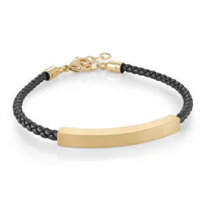 IP Yellow Gold and Leather Men's ID Plate Bracelet