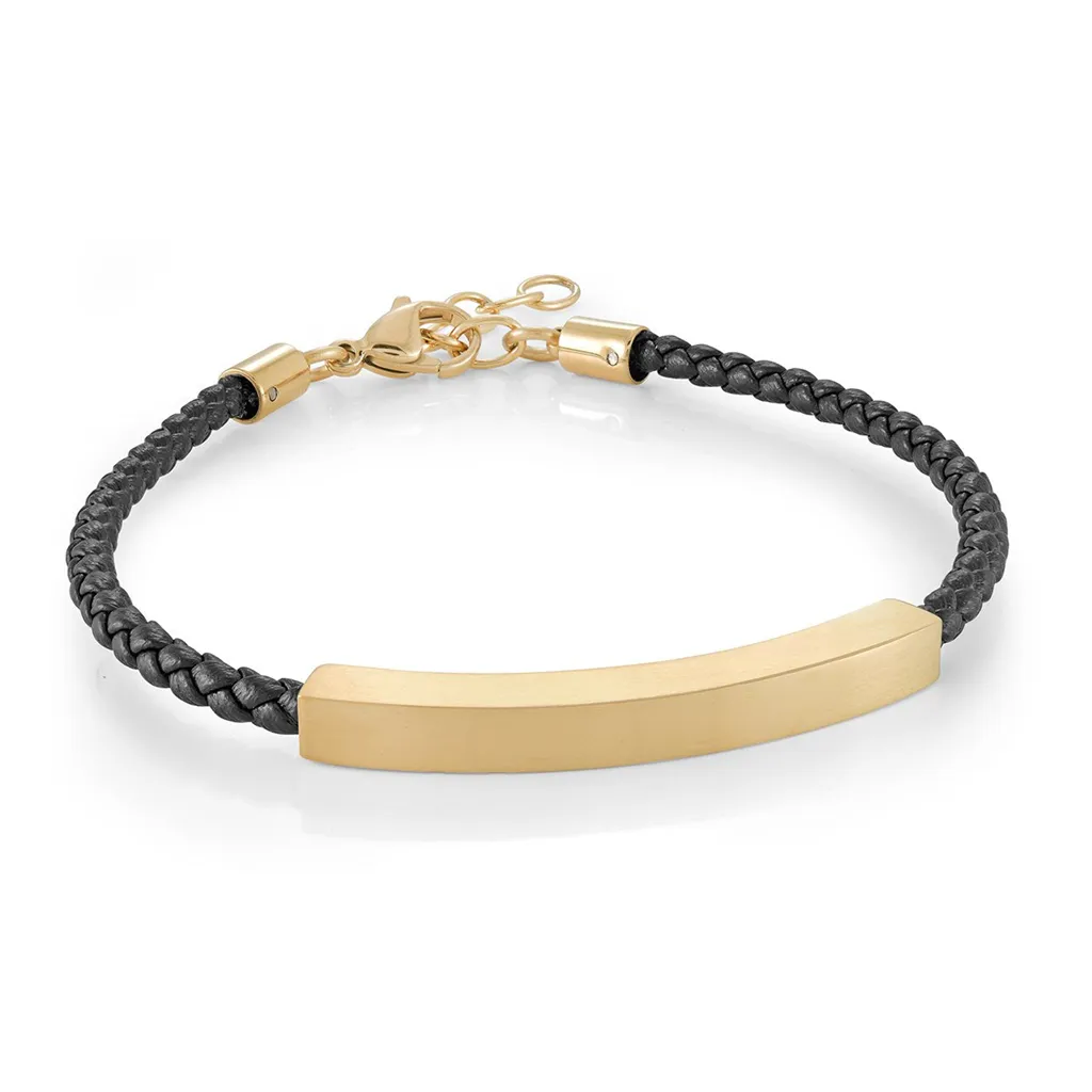 IP Yellow Gold and Leather Men's ID Plate Bracelet