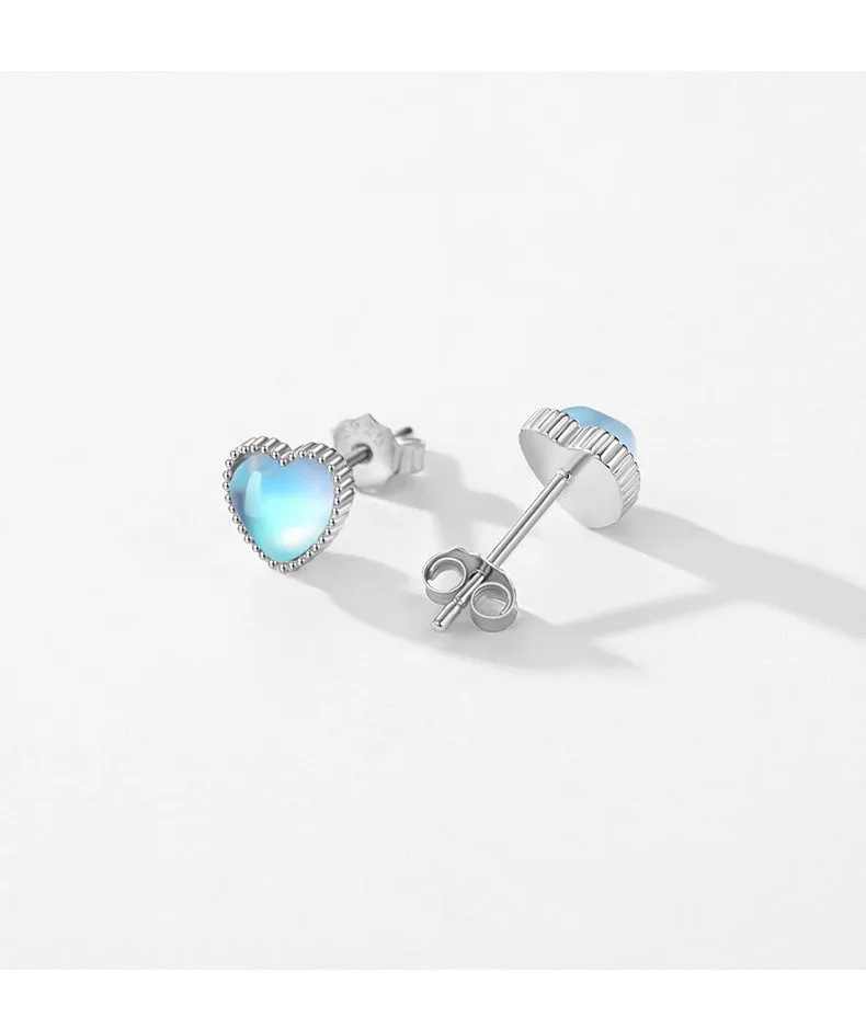 Japanese Minimalist S925 Sterling Silver Moonlight Stone Heart Earrings