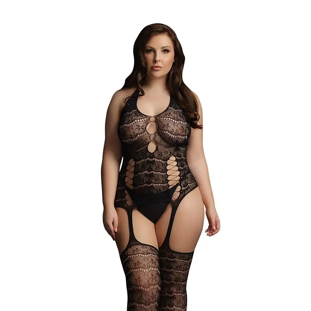 Le Desir Black Lace Plus Size Suspender Bodystocking Uk 14 to 20