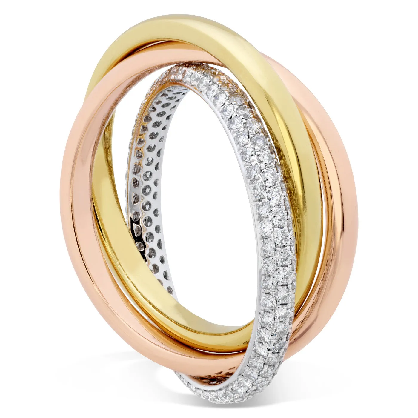 Memoire 18k Gold Tricolor Three-Row Pave set Diamond Rolling Ring