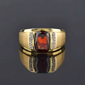 Mens Diamond Signet Style Cushion Cut Garnet Ring