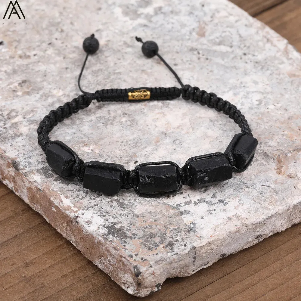 Natural Black Tourmaline Nugget Beads Knotted Handmade Woven Bracelet Women Stone Beads Braid Bracelet Adjustable N0456AMI