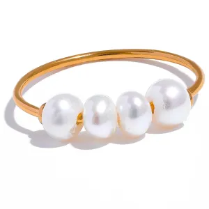 Natural Freshwater Pearls Gold Color Stainless Steel Waterproof Thin Index Finger Ring for Women PVD Plated Charm Jewelry