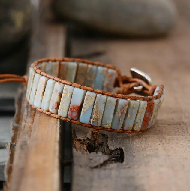 Natural Jasper Tube Stone Leather Cuff Bracelet