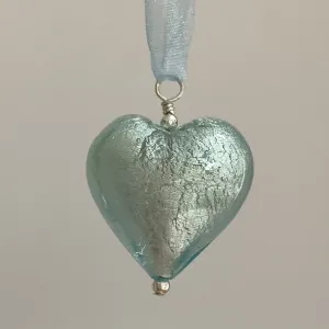 Necklace with aquamarine (blue) Murano glass large heart pendant on organza ribbon