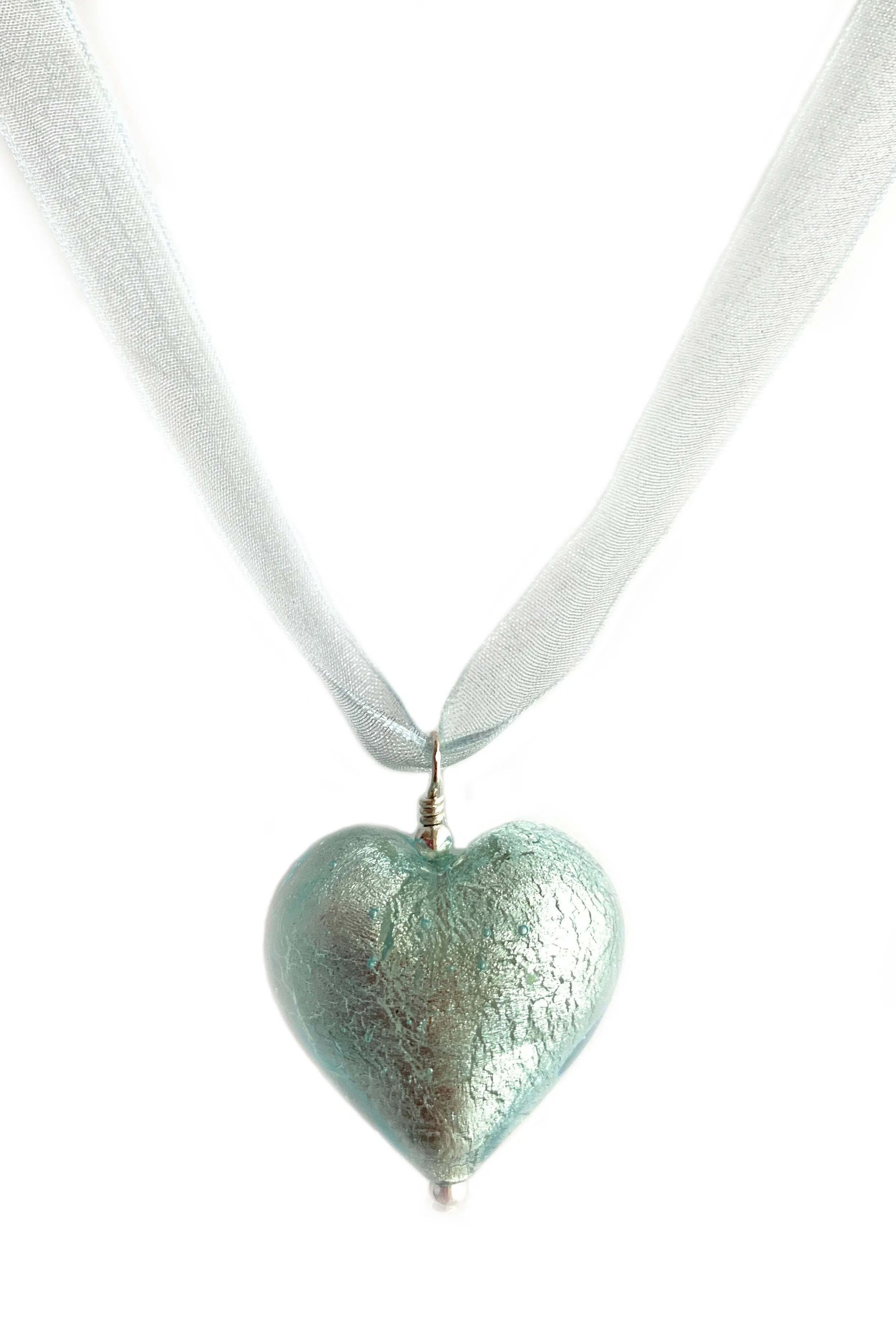 Necklace with aquamarine (blue) Murano glass large heart pendant on organza ribbon