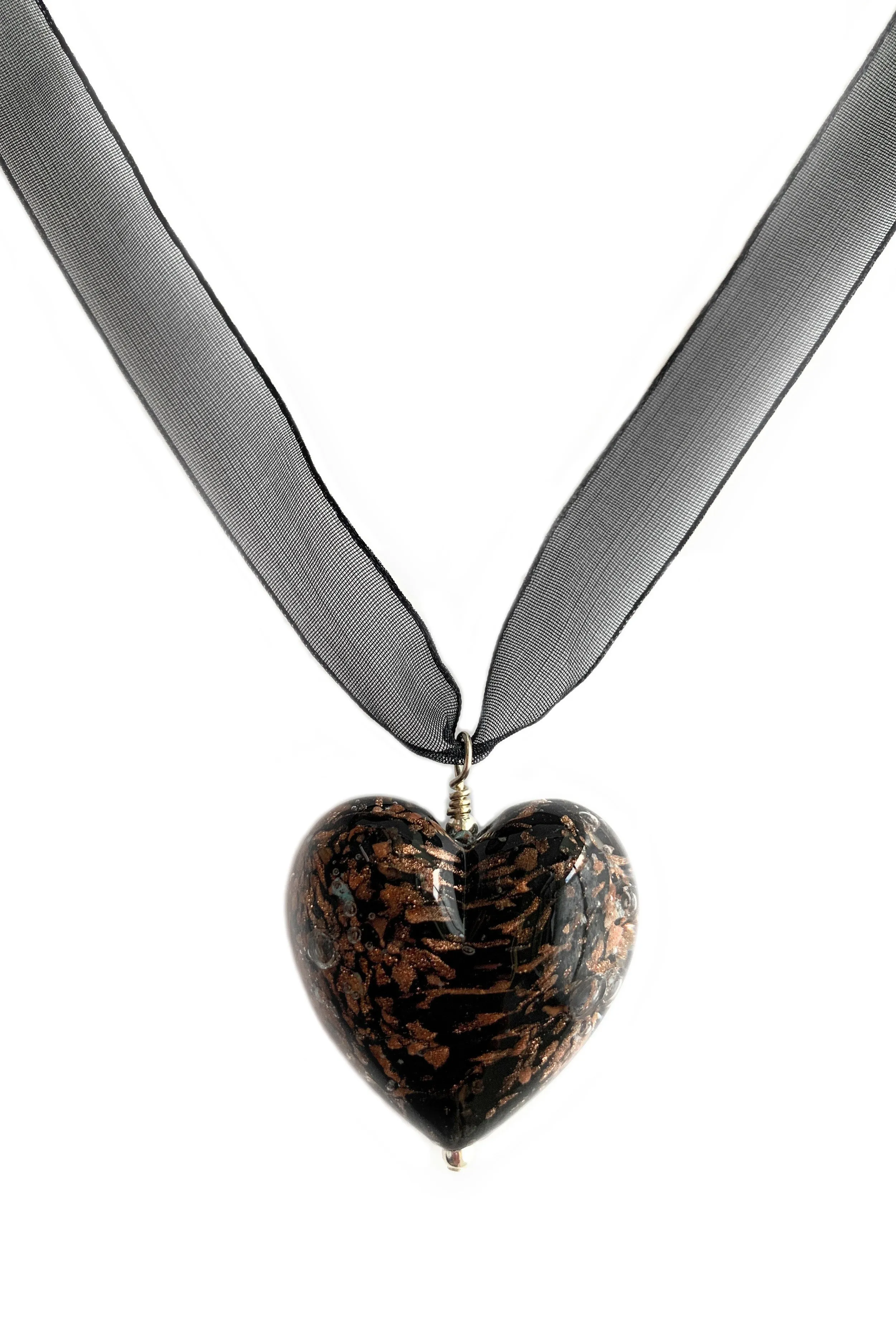 Necklace with black pastel and aventurine Murano glass large heart pendant on ribbon