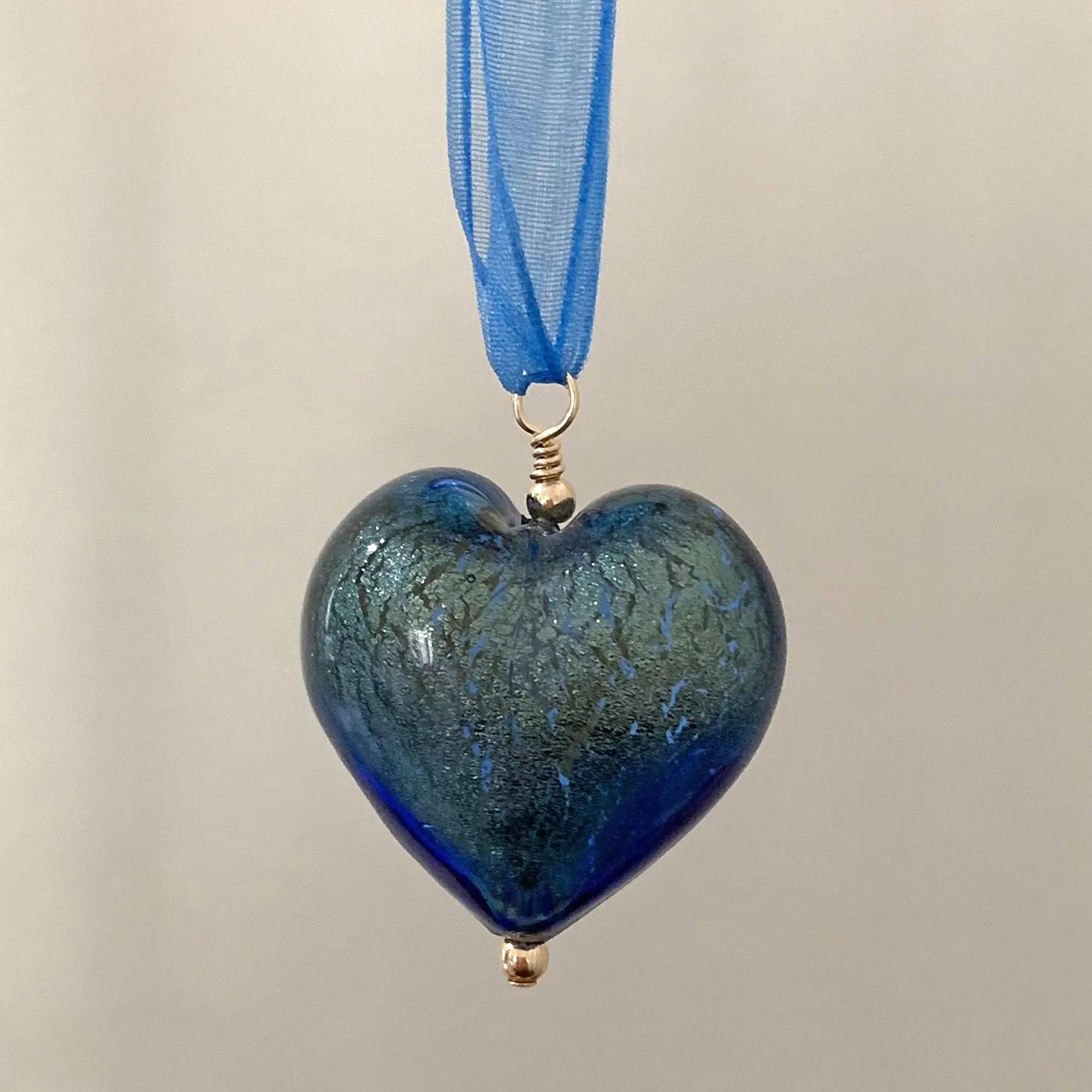 Necklace with blue and gold Murano glass large heart pendant on organza ribbon