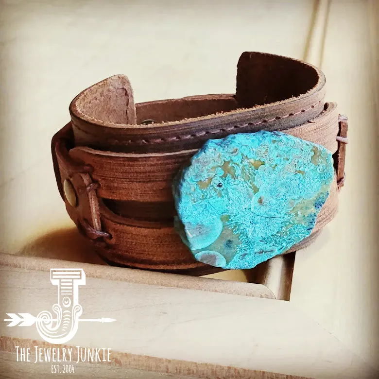 **Ocean Agate on Dusty Leather Cuff 004C