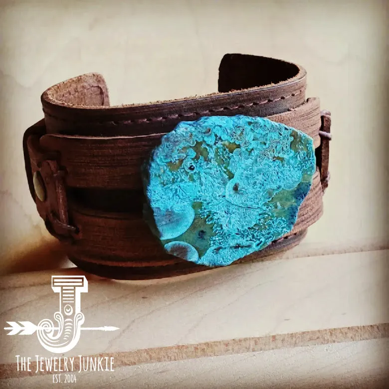 **Ocean Agate on Dusty Leather Cuff 004C