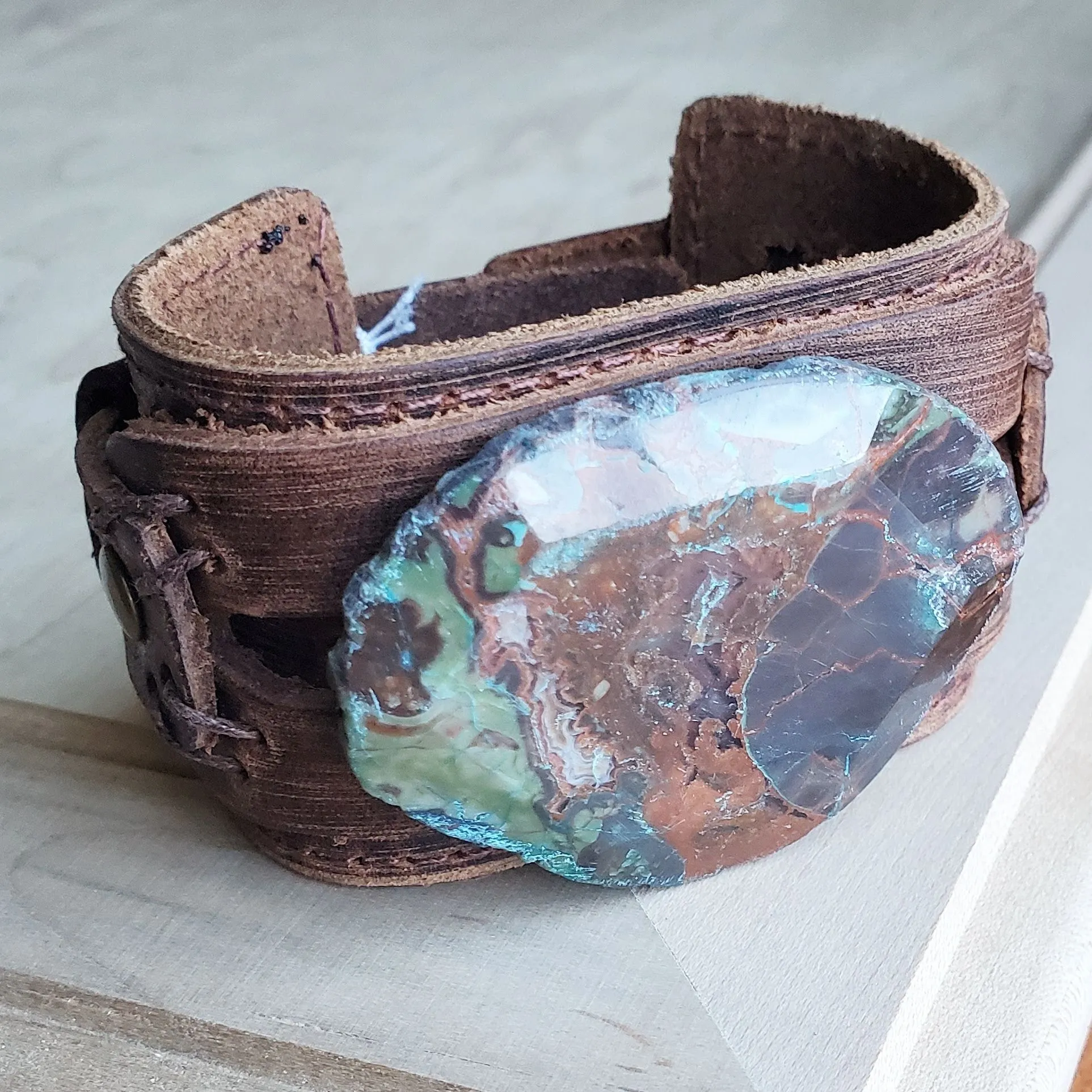 **Ocean Agate on Dusty Leather Cuff 004C