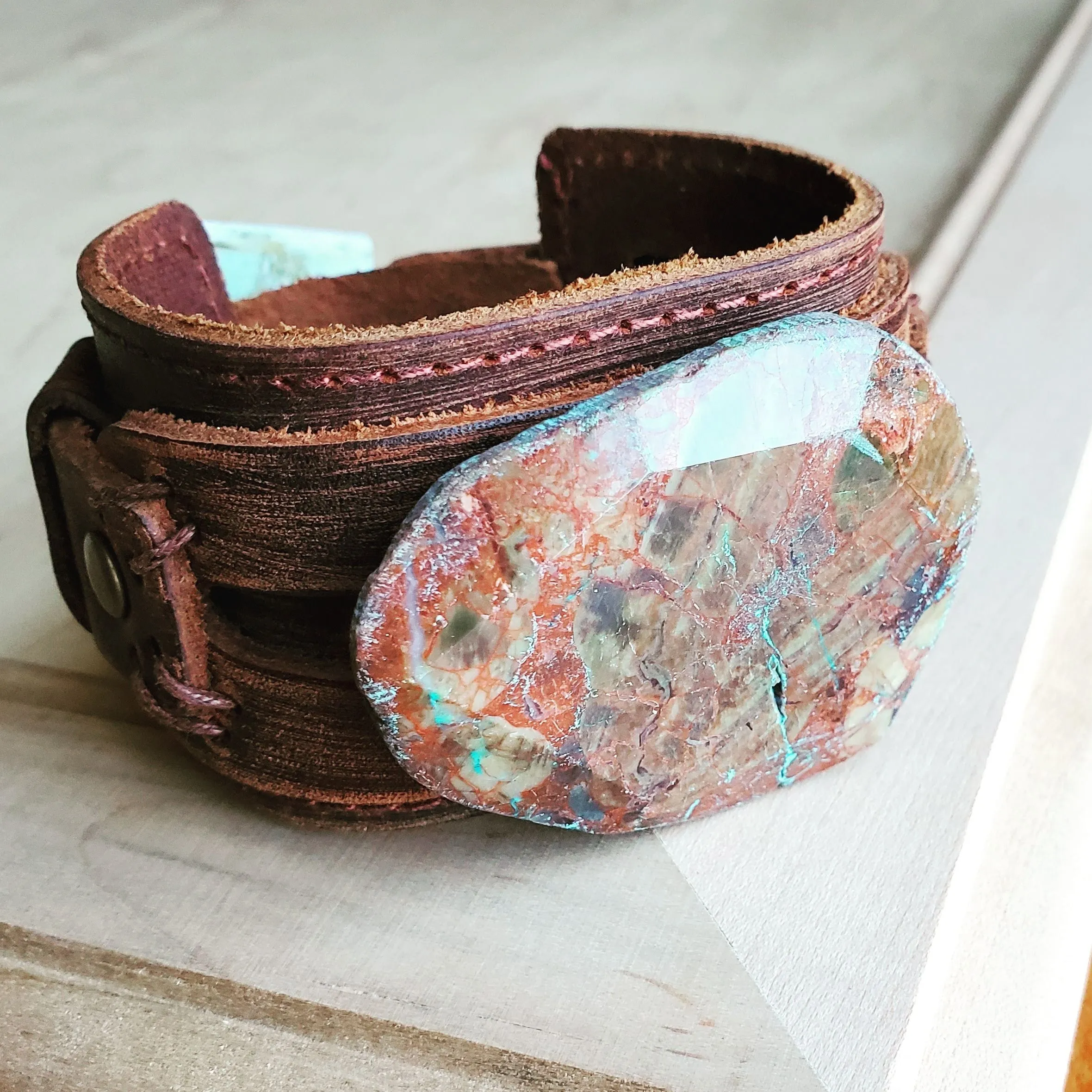 **Ocean Agate on Dusty Leather Cuff 004C