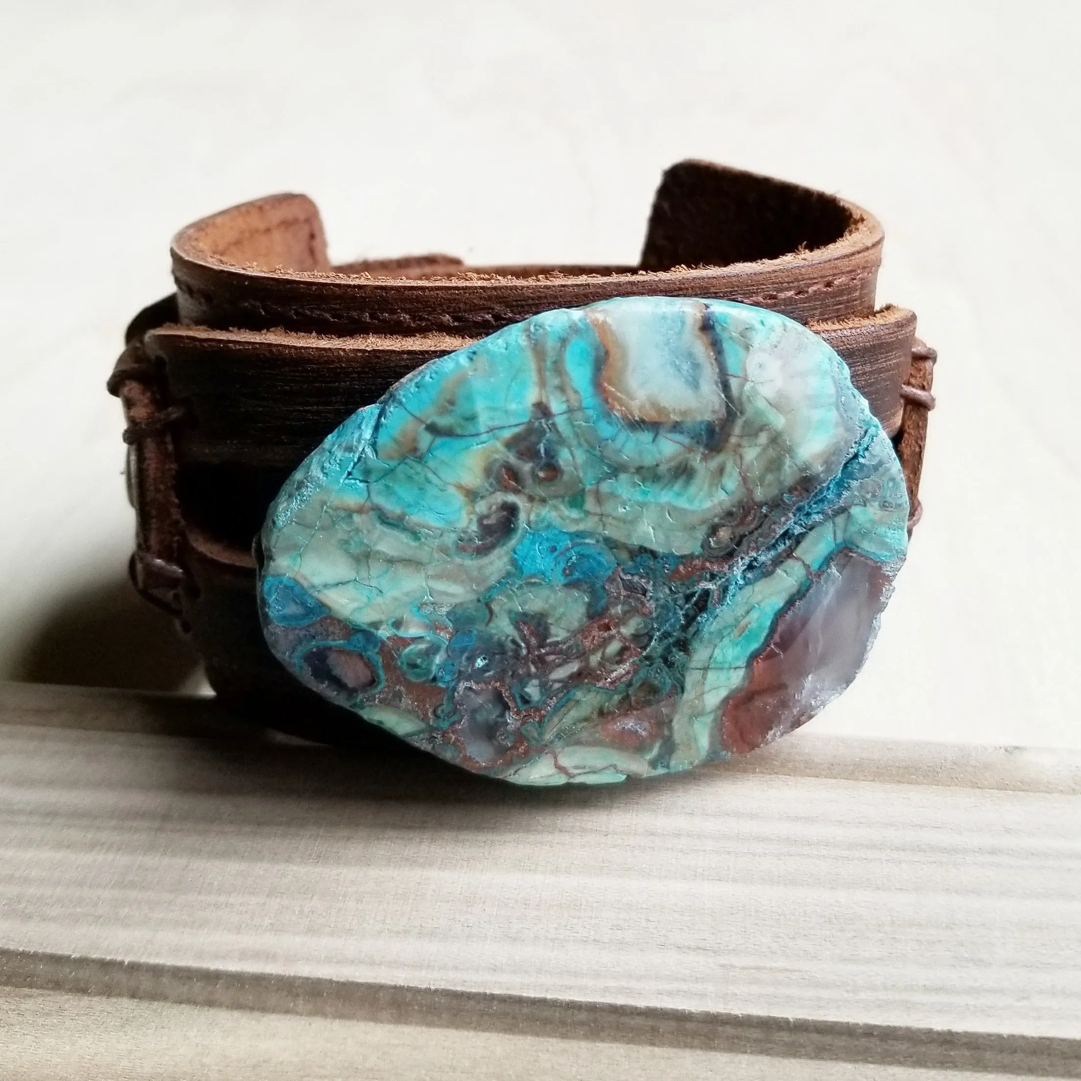 **Ocean Agate on Dusty Leather Cuff 004C