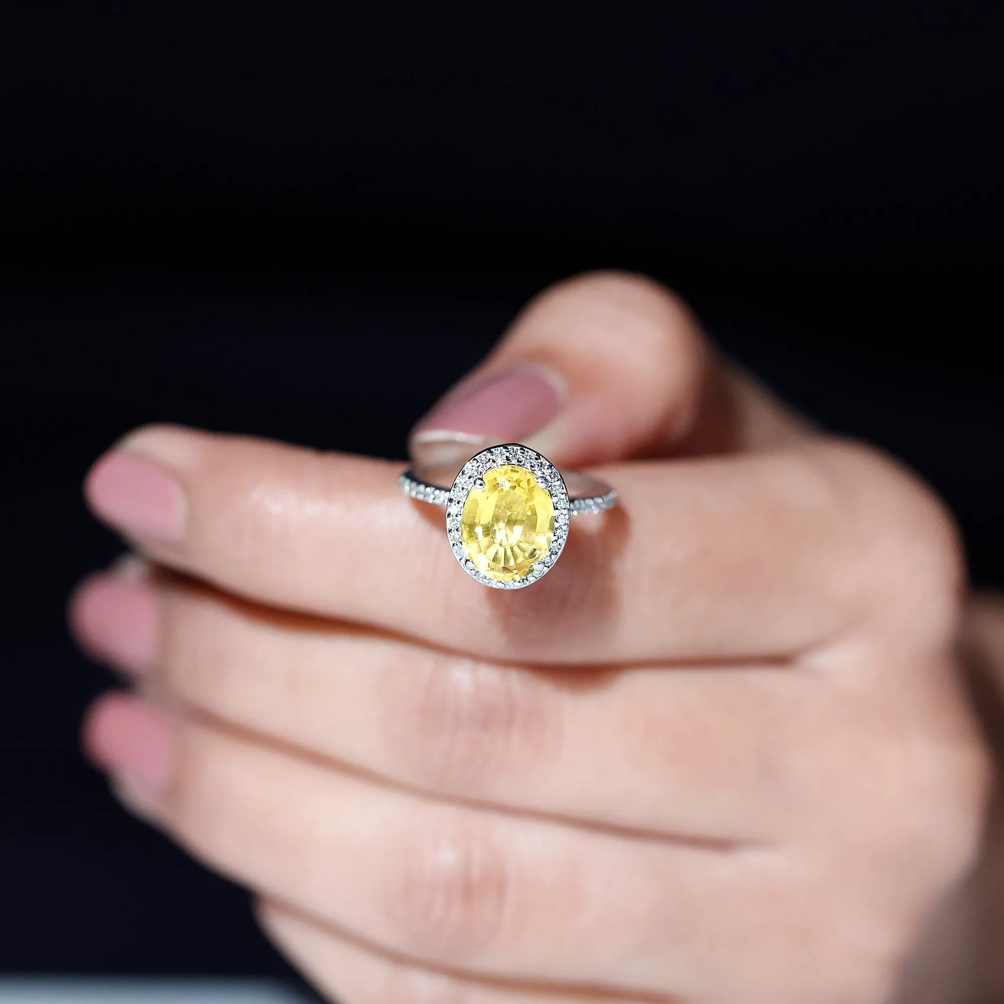 Oval Cut Created Yellow Sapphire and Diamond Classic Halo Ring