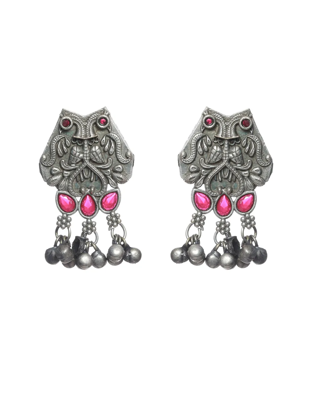 Oxidised Silver Toned ,Red Stone Studded Contemporary Owl Shaped Drop Earrings