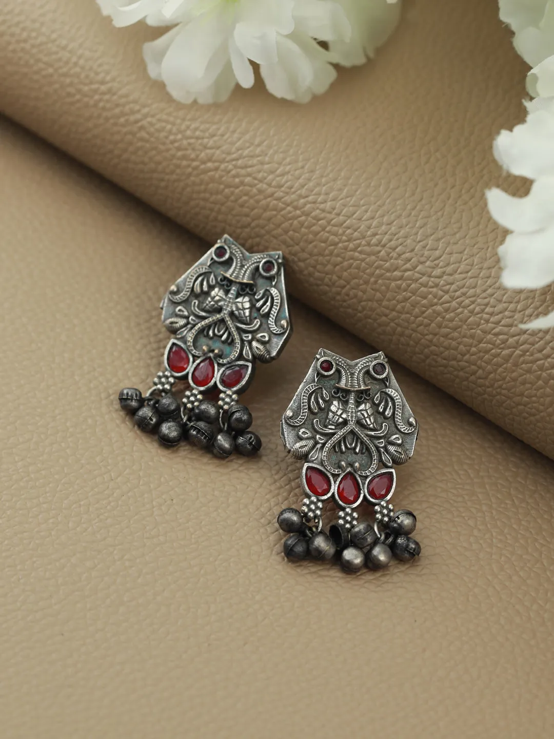 Oxidised Silver Toned ,Red Stone Studded Contemporary Owl Shaped Drop Earrings