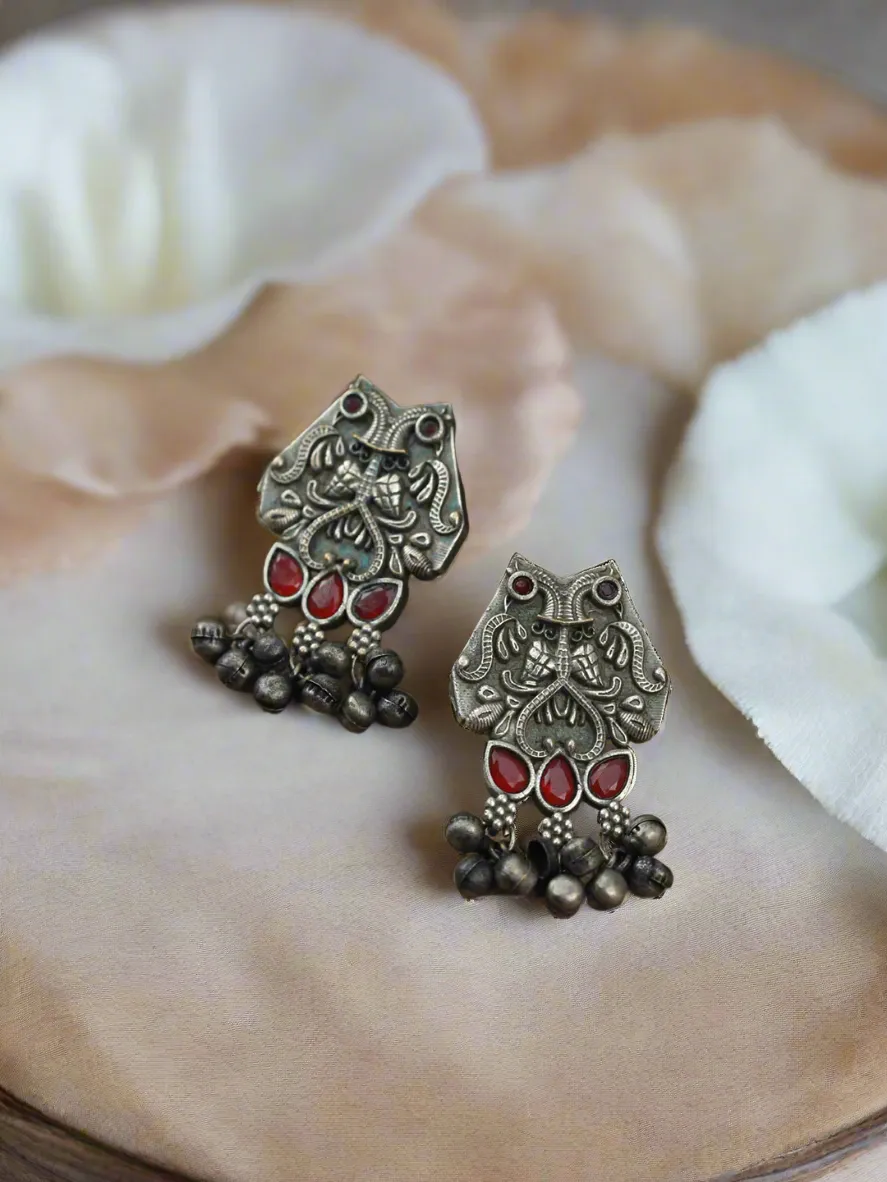 Oxidised Silver Toned ,Red Stone Studded Contemporary Owl Shaped Drop Earrings