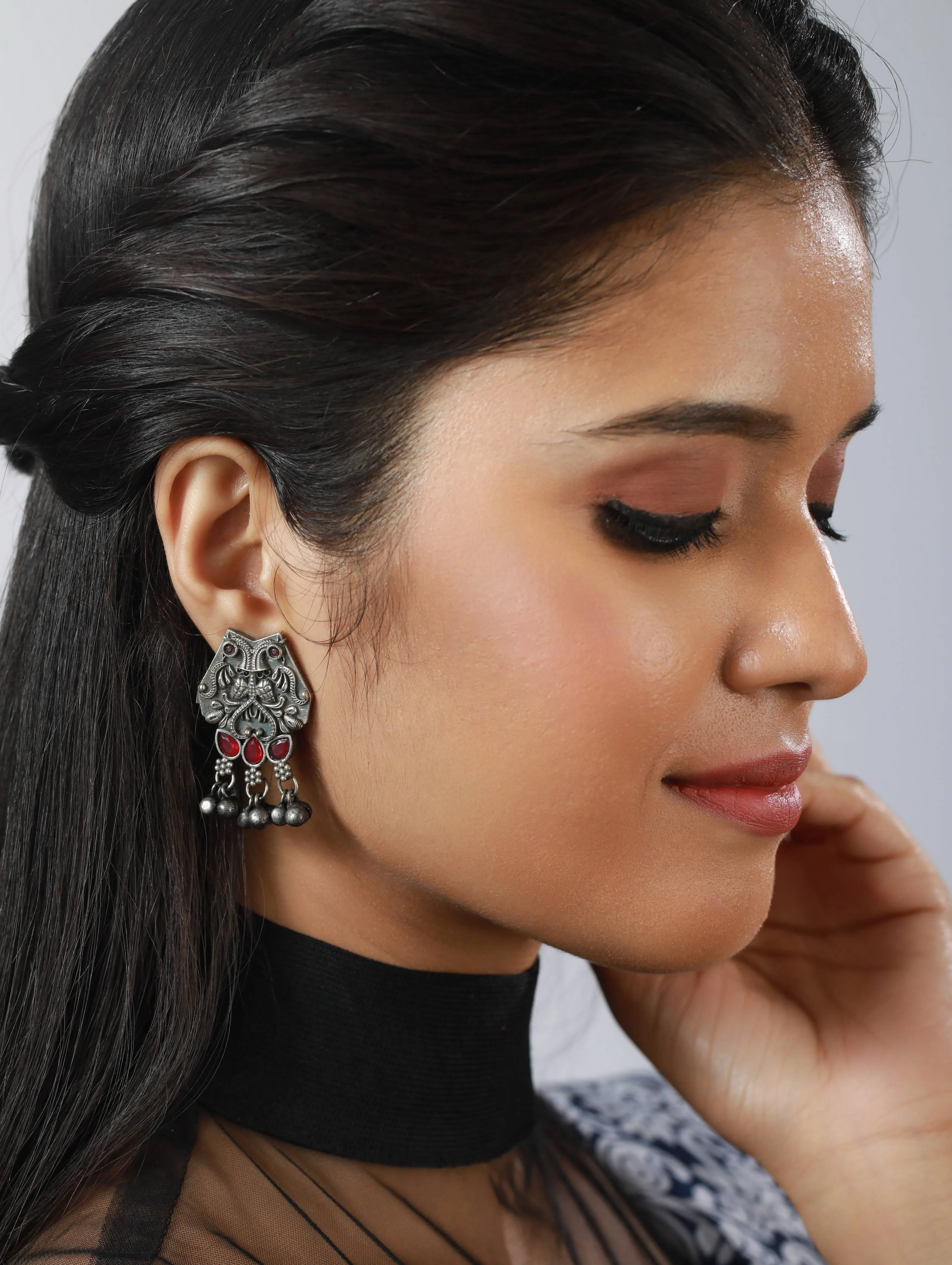 Oxidised Silver Toned ,Red Stone Studded Contemporary Owl Shaped Drop Earrings