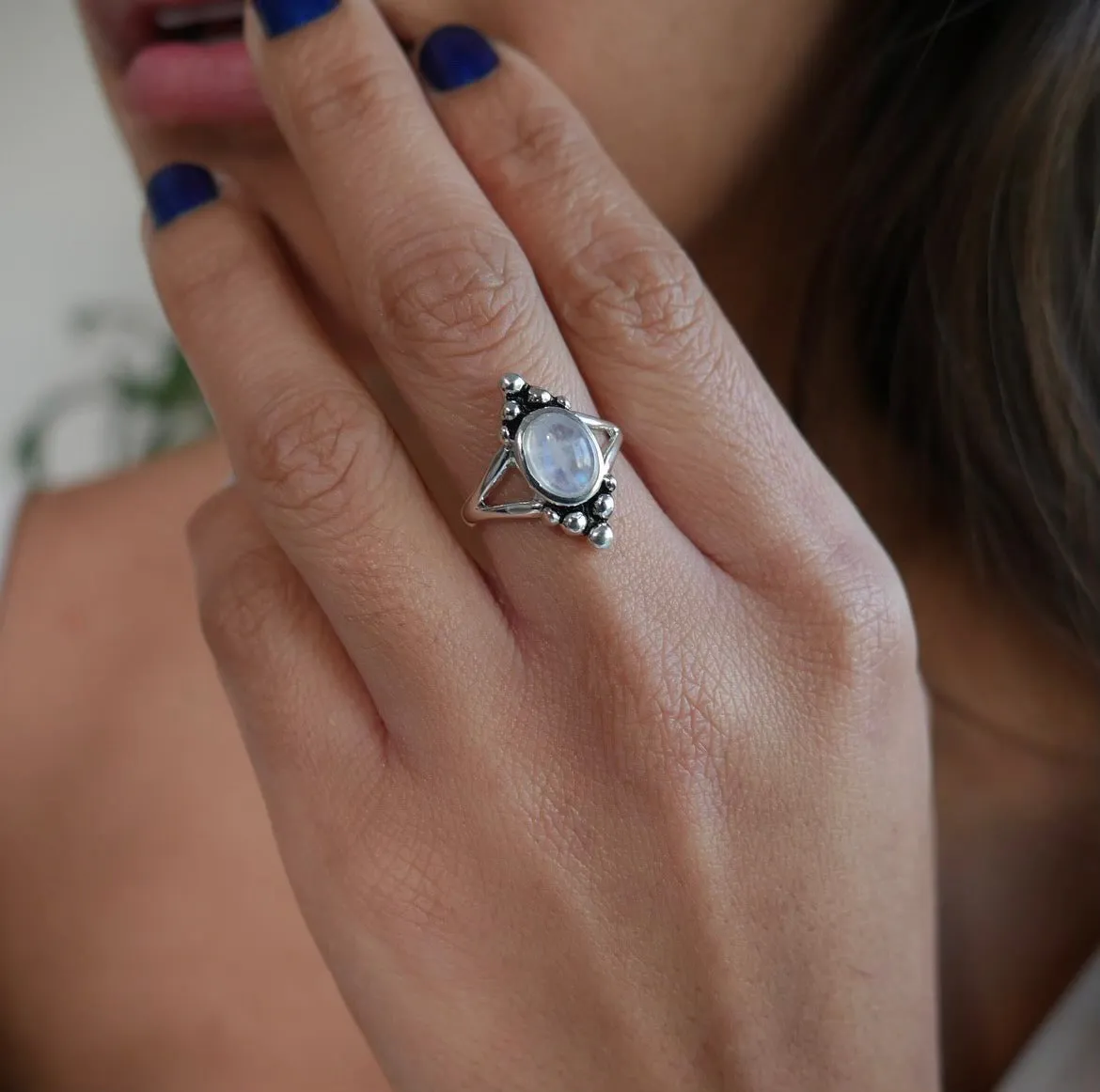 Oxidized Triangle Little Ball  Everyday Moonstone .925 sterling silver Ring