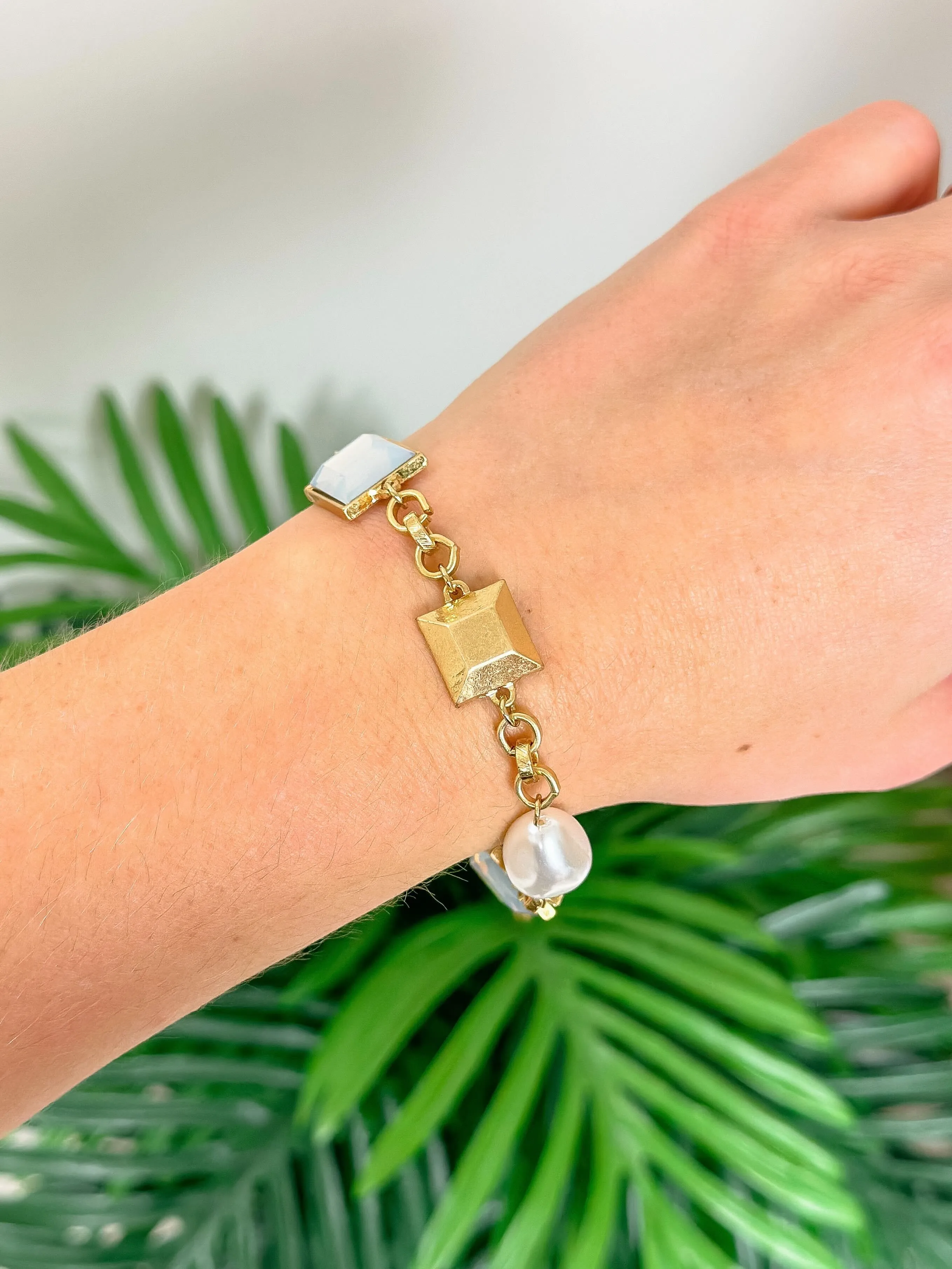 Pearl & Iridescent Stone Station Bracelet - Opal