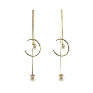 Pearl With C Shape Gold Pull-Thru Earrings