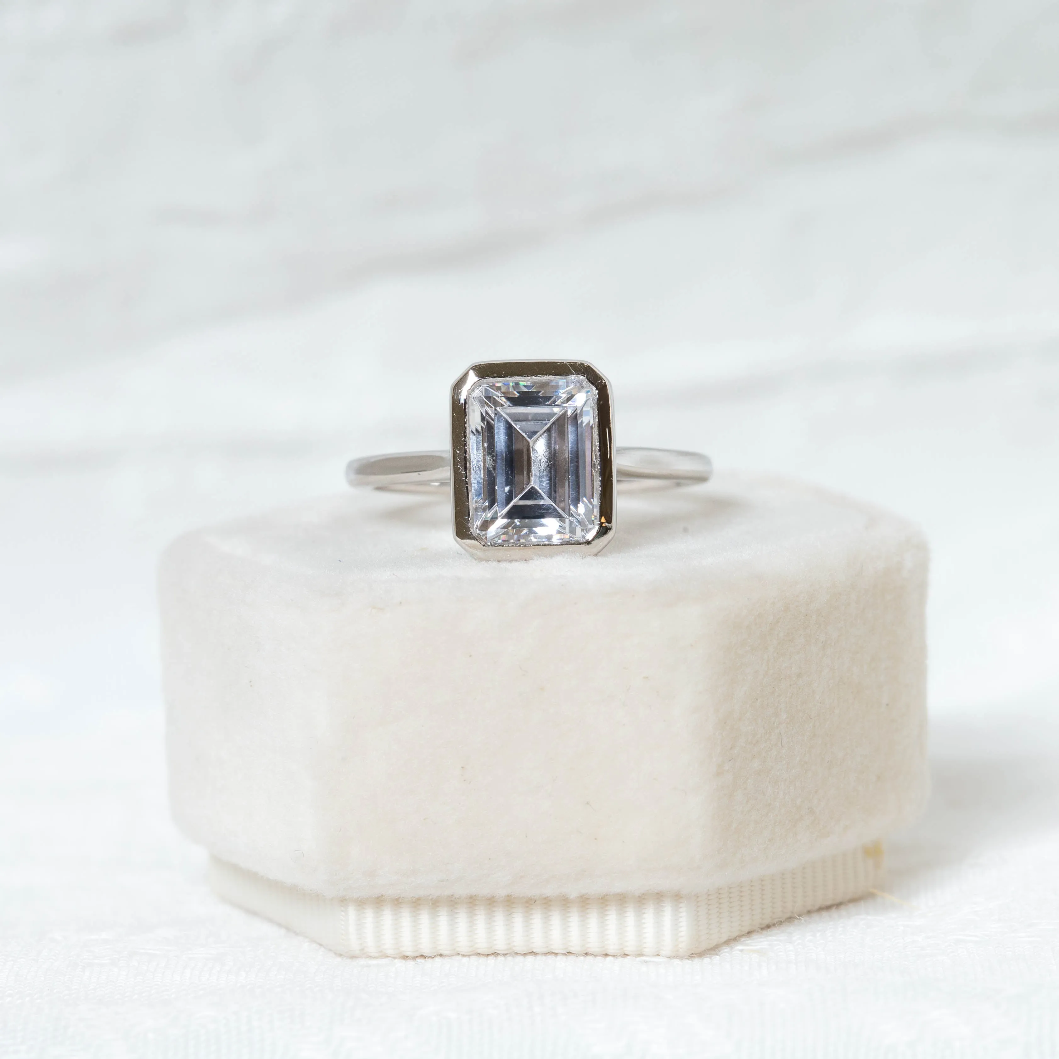 Platinum Emerald-Cut Diamond Bezel Ring