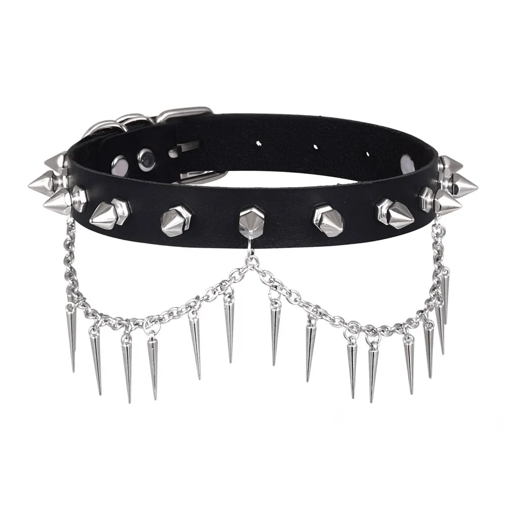 Punk Gothic Adjustable Spiked Choker / Black Leather Collar With Chain