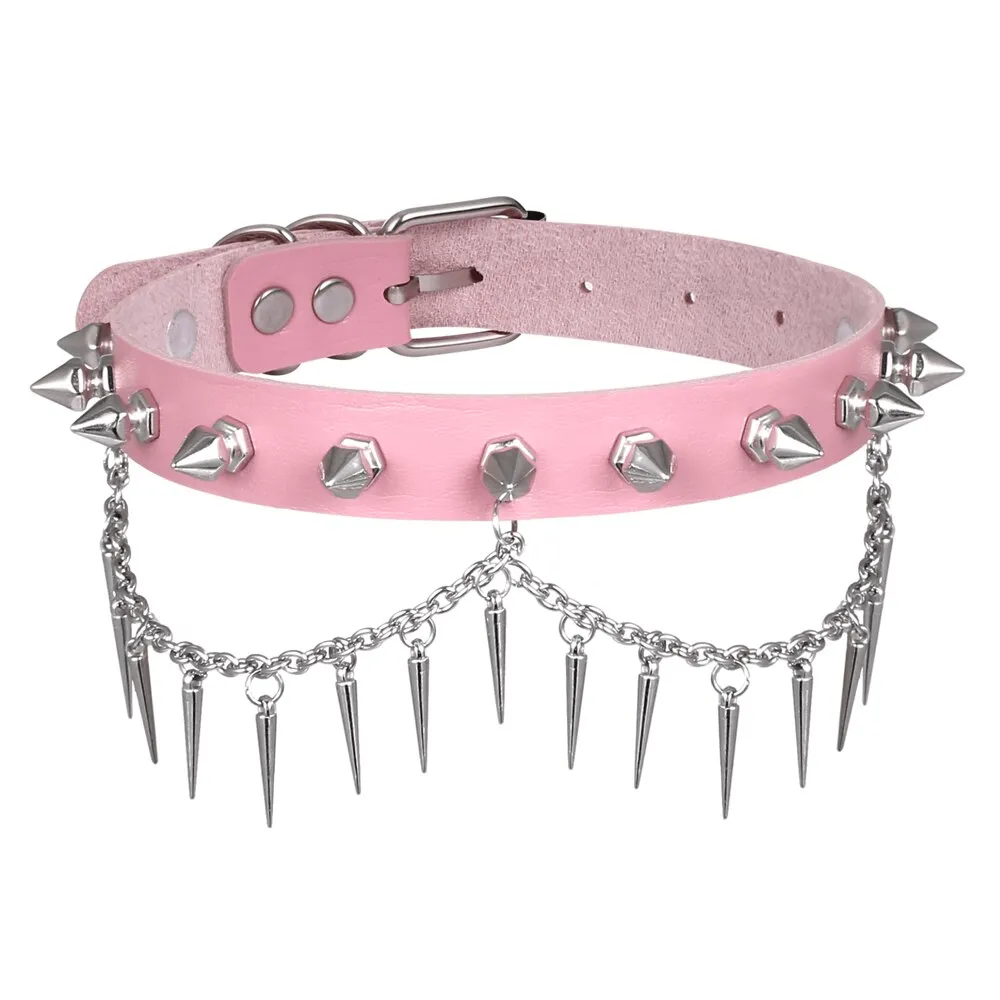 Punk Gothic Adjustable Spiked Choker / Black Leather Collar With Chain