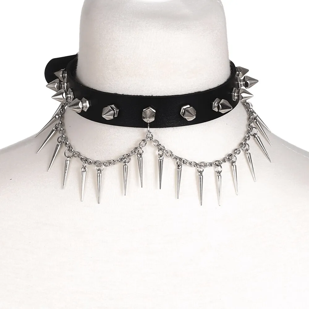 Punk Gothic Adjustable Spiked Choker / Black Leather Collar With Chain