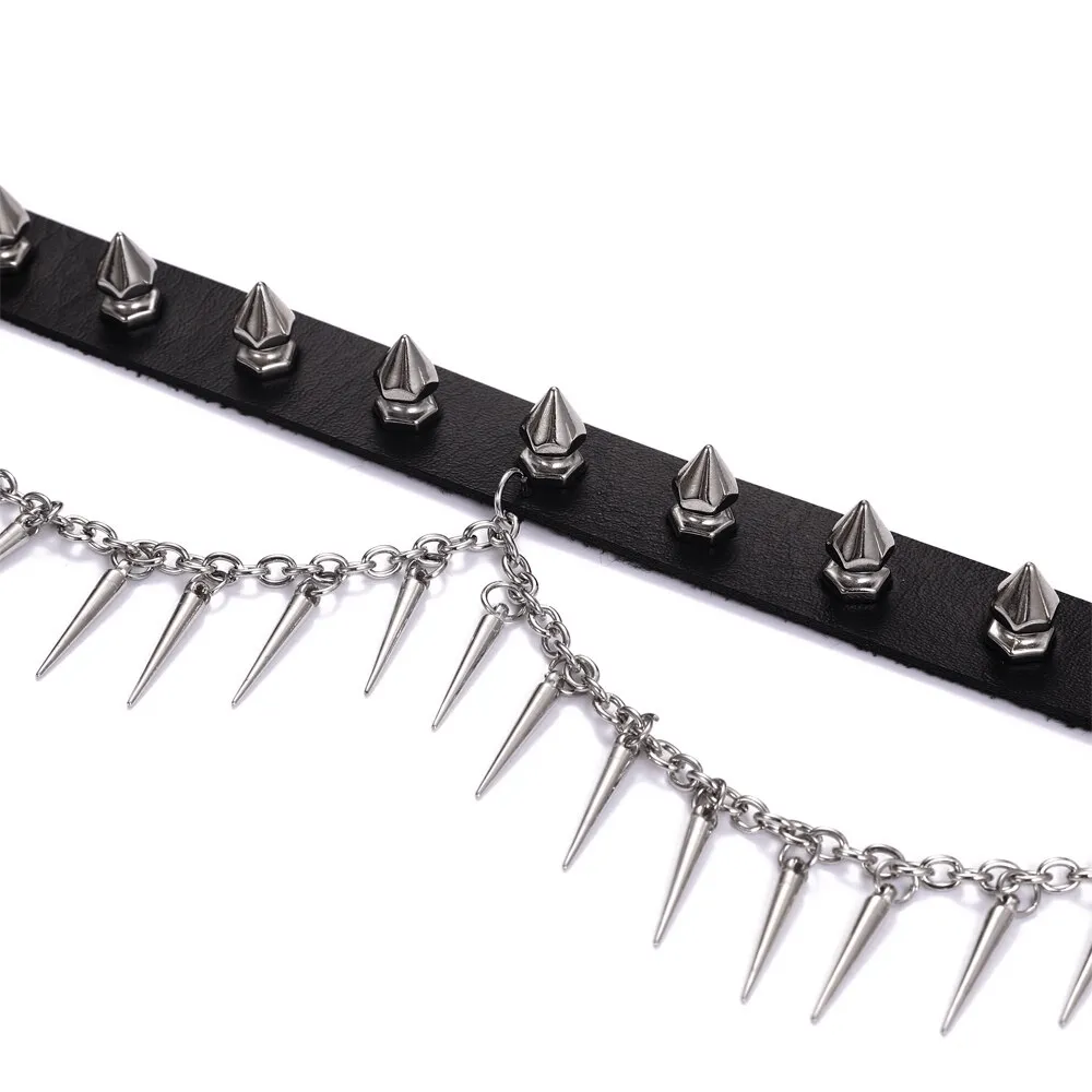 Punk Gothic Adjustable Spiked Choker / Black Leather Collar With Chain